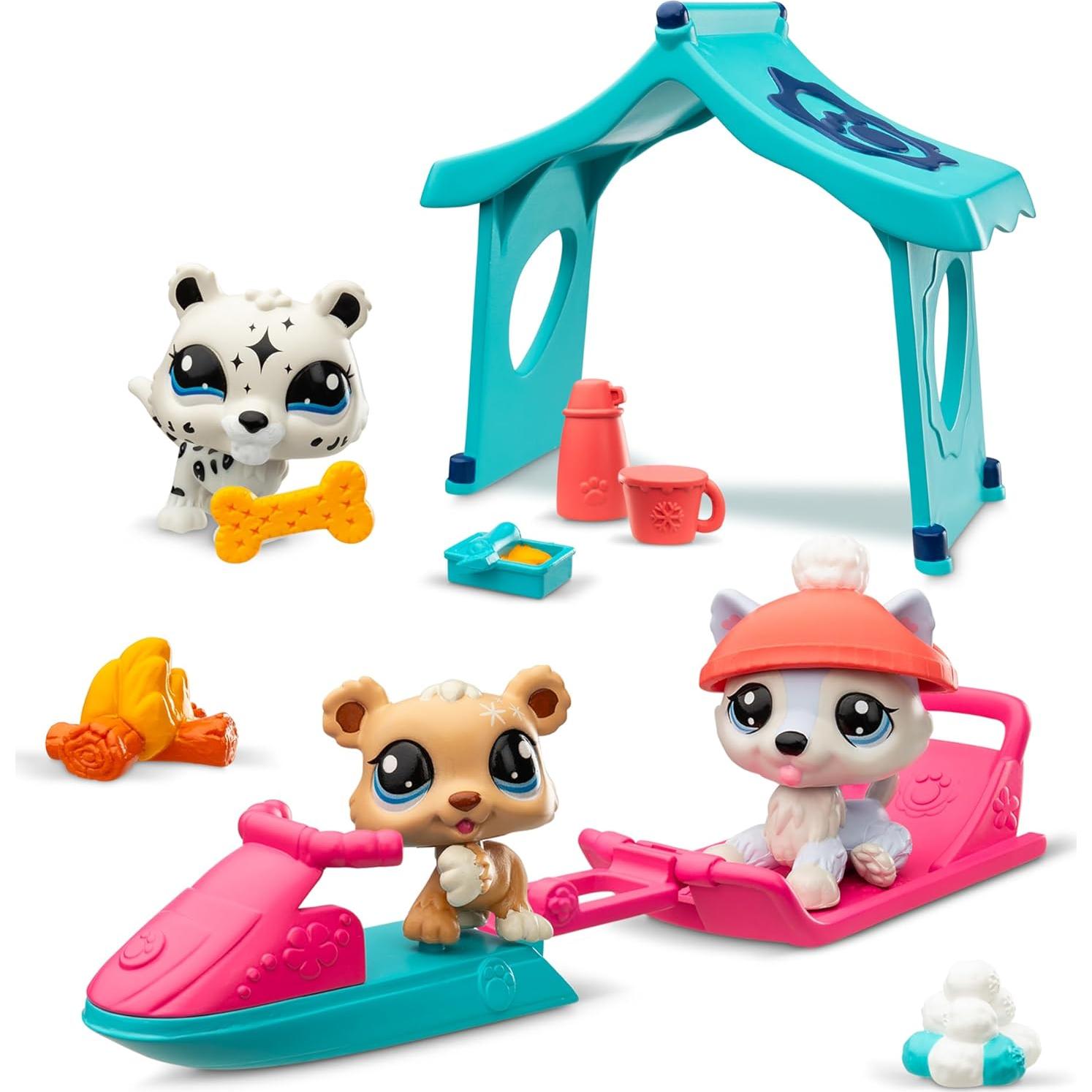 Paquete de Juego Littlest Pet Shop Día Nevado - 3 Mascotas y Accesorios