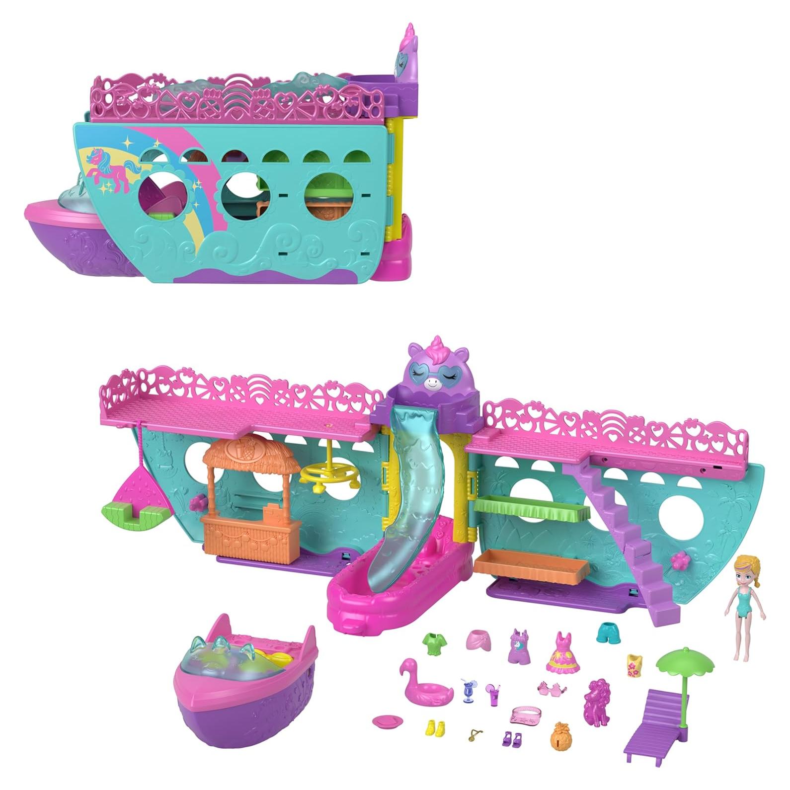 Juego de Barco Polly Pocket Crucero Unicornio 23 Piezas 7.62 cm