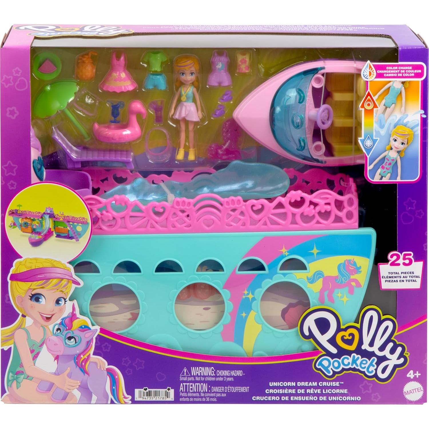 Juego de Barco Polly Pocket Crucero Unicornio 23 Piezas 7.62 cm