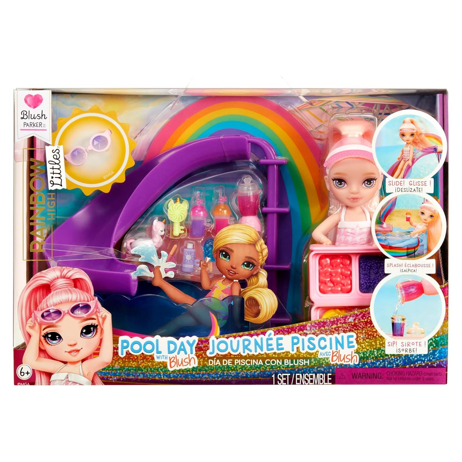 Juego de piscina Rainbow High Littles + muñeca Blush 14 cm