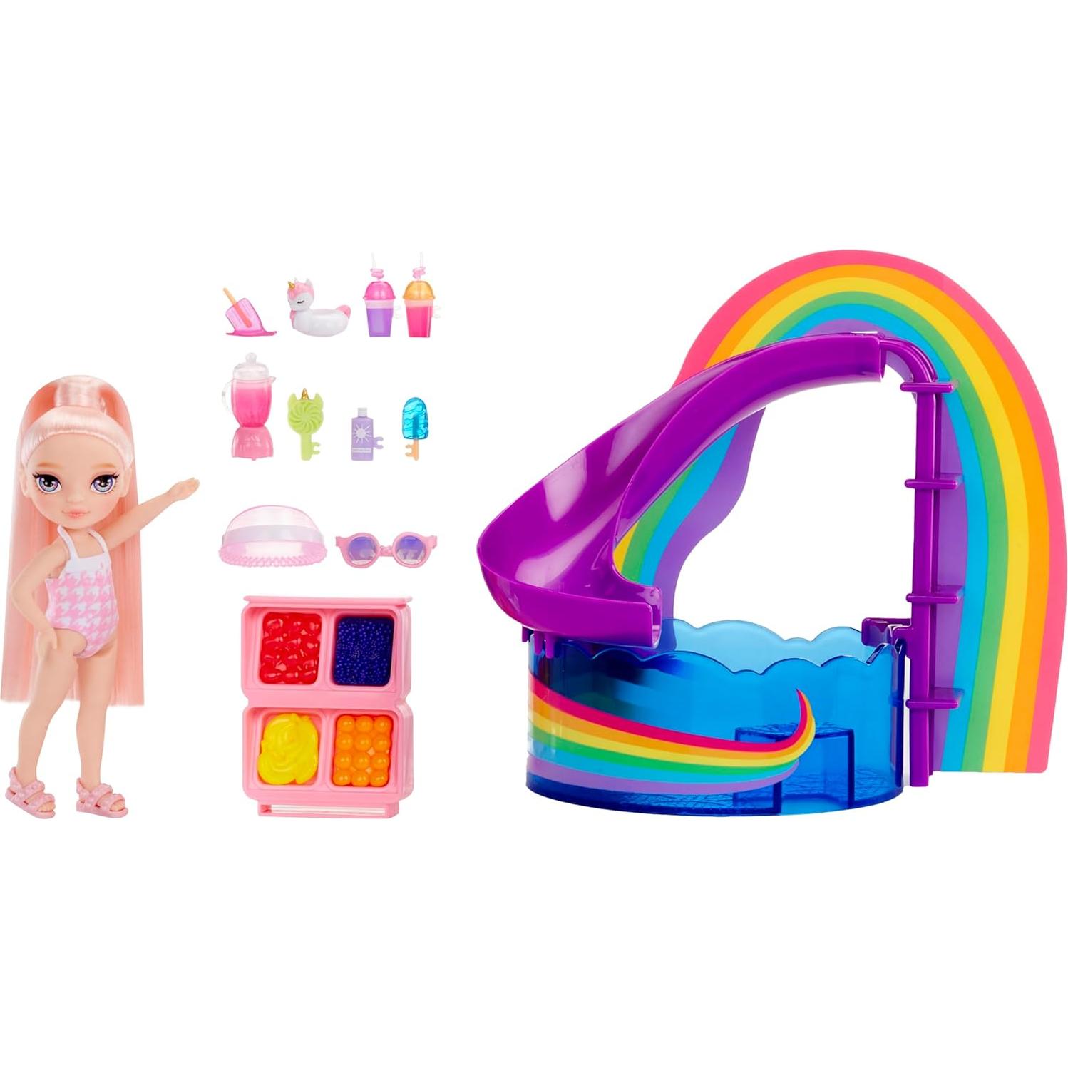 Juego de piscina Rainbow High Littles + muñeca Blush 14 cm