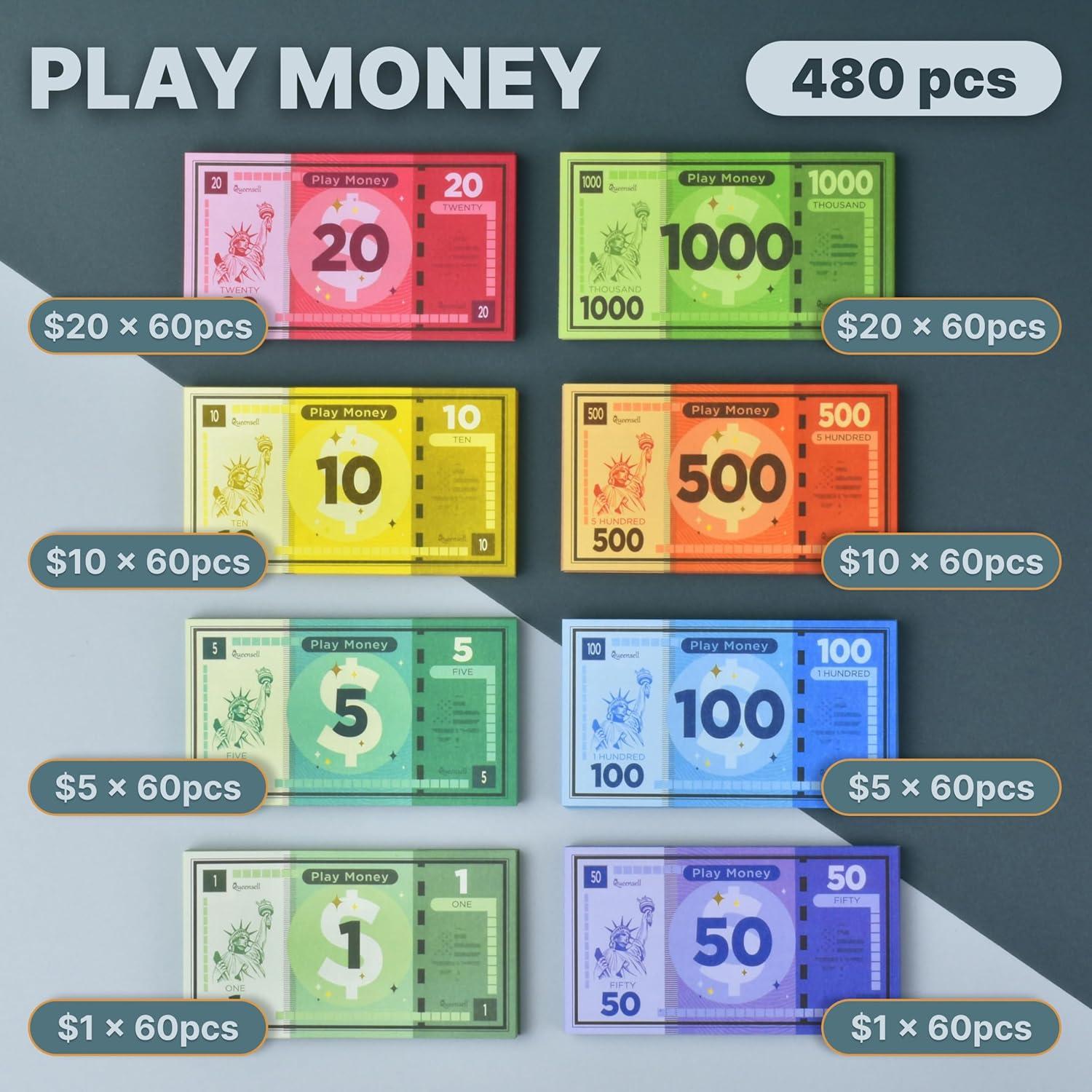 Dinero de Juego Queensell para Monopoly - 480 Billetes de Papel