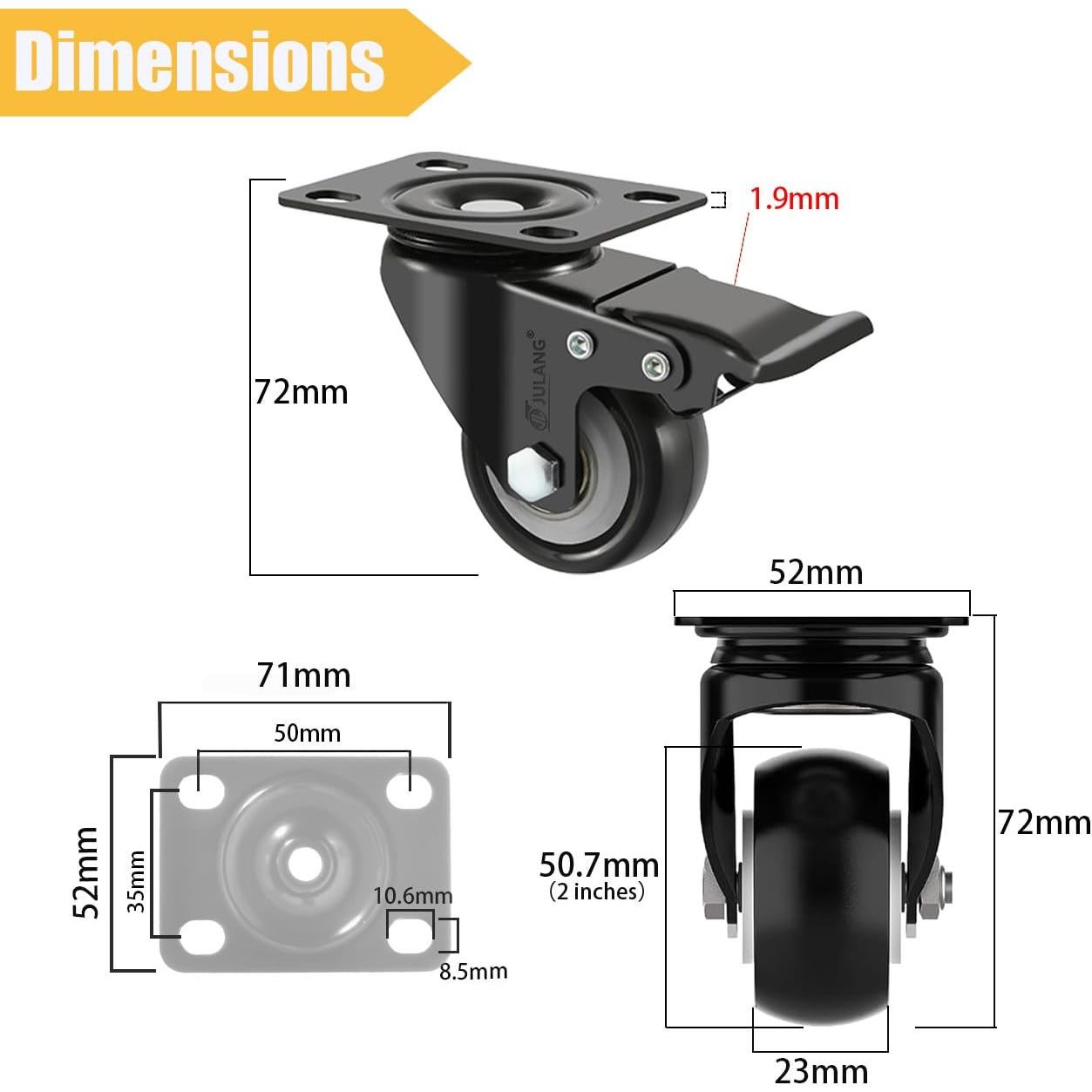 Ruedas Caster Julang 5.08cm con Freno y Bloqueo para Muebles
