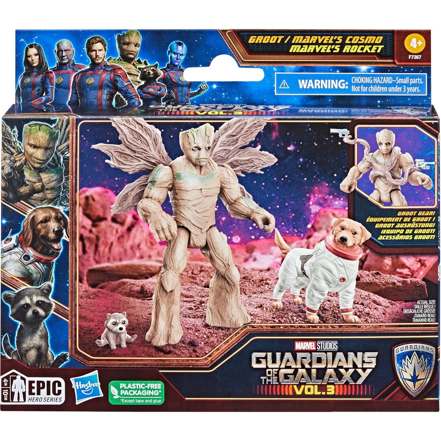 Figuras de Acción Groot 10 cm, Cosmo 5 cm y Baby Rocket 3.8 cm - Hasbro