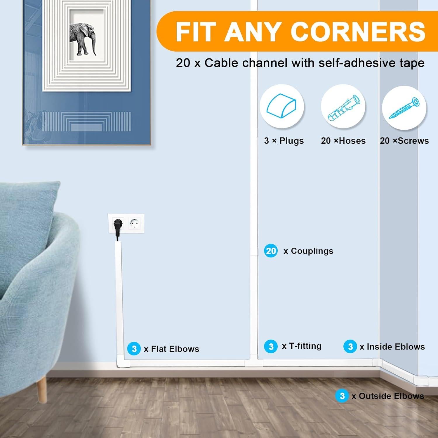 Kit de Canal de Cable RAZCC 20 Piezas Gestión de Cables Blanco