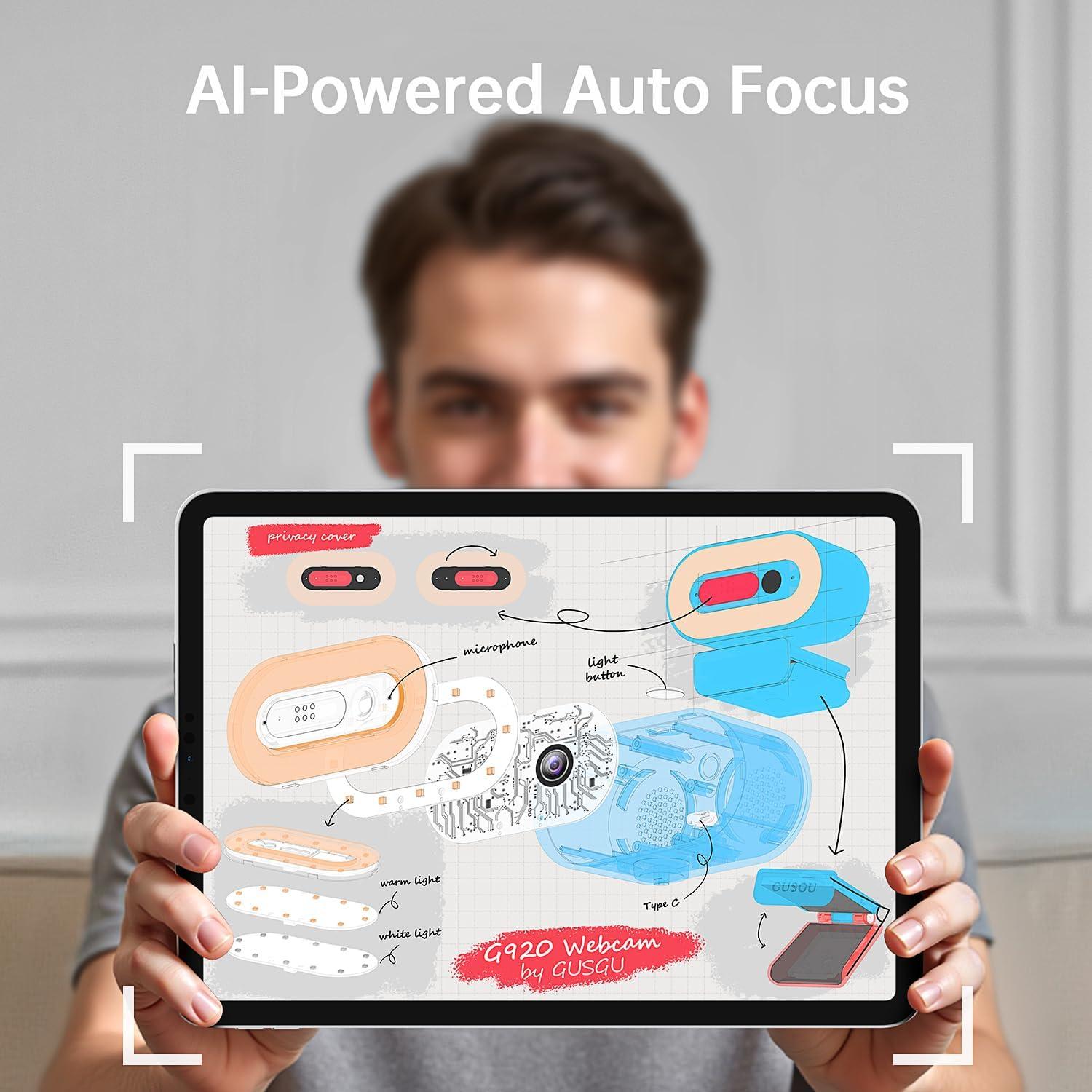 Cámara Web GUSGU G920 2K Quad HD con Micrófono y Luz