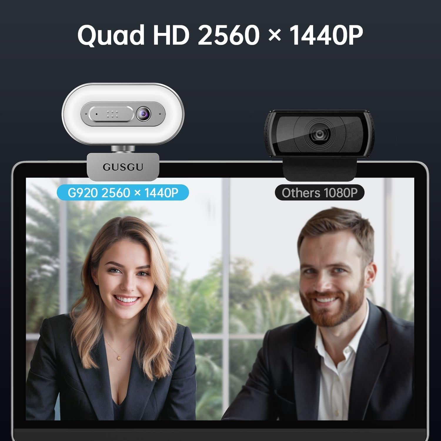 Cámara Web GUSGU G920 2K Quad HD con Micrófono y Luz