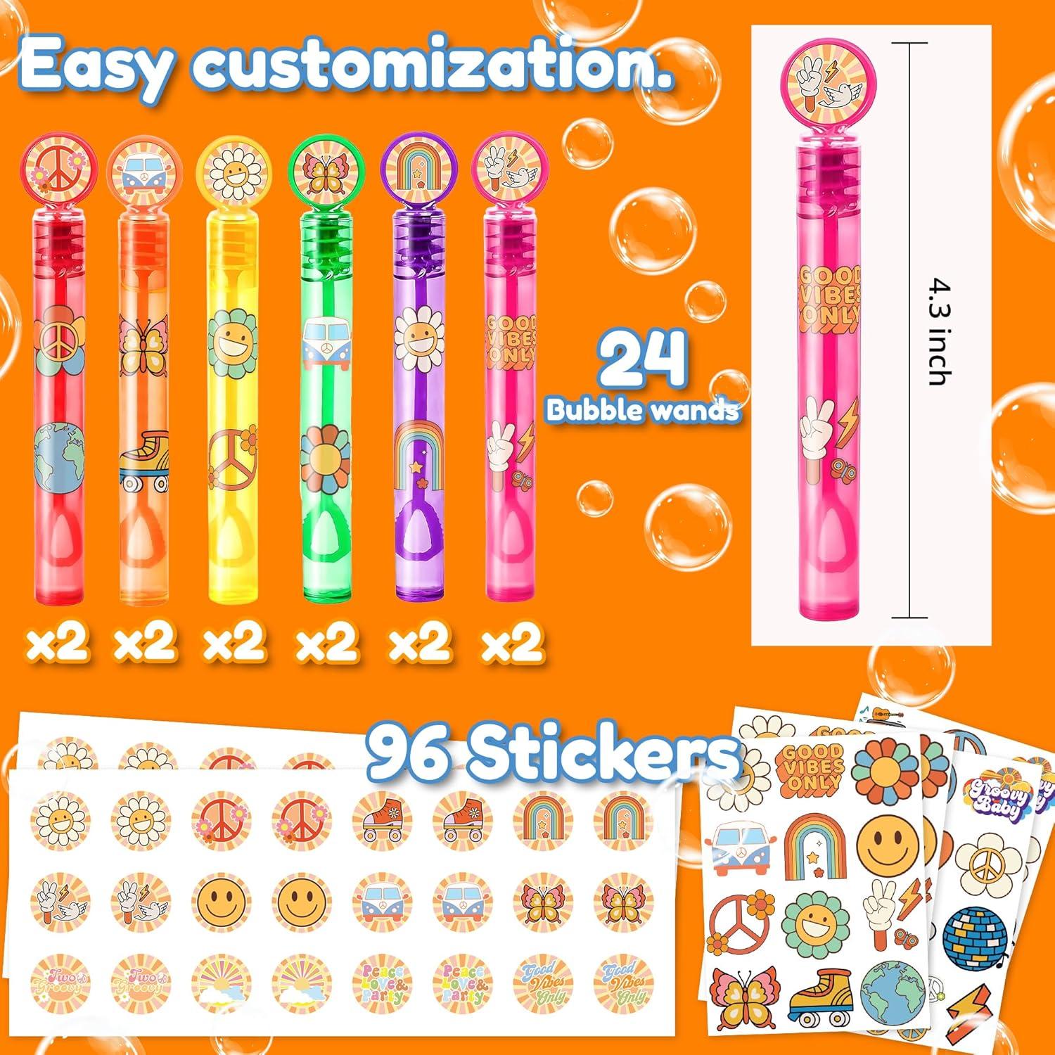 24 Varitas de Burbuja Psicodélicas con 96 Pegatinas - Fiesta