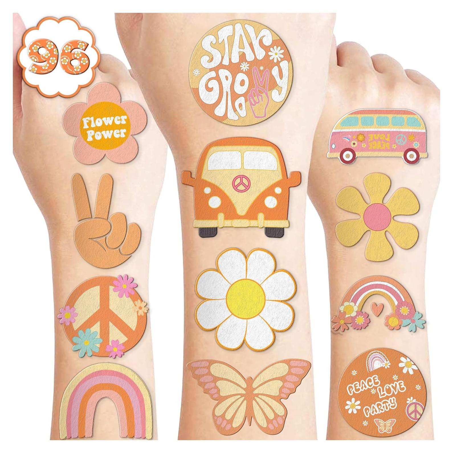 96 Tatuajes Temporales Pre-Cortados Multicolor Retro Hippie
