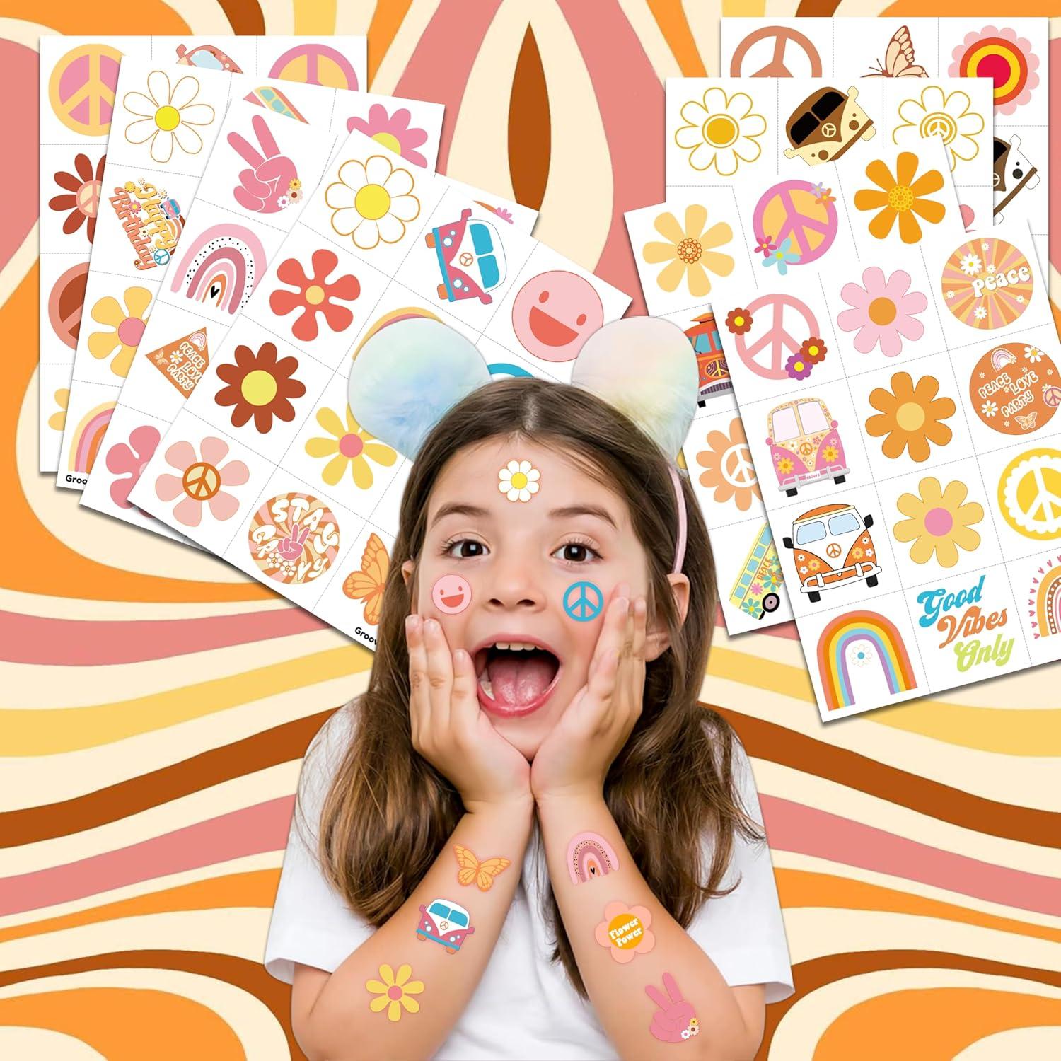 96 Tatuajes Temporales Pre-Cortados Multicolor Retro Hippie