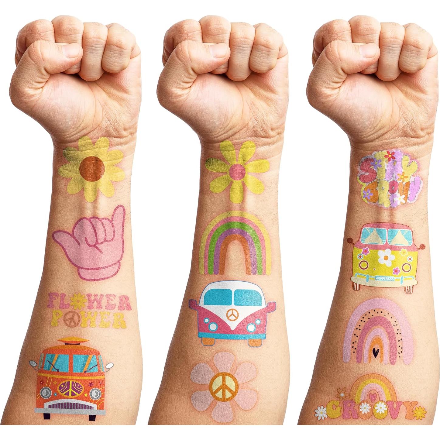 96 Tatuajes Temporales Pre-Cortados Multicolor Retro Hippie