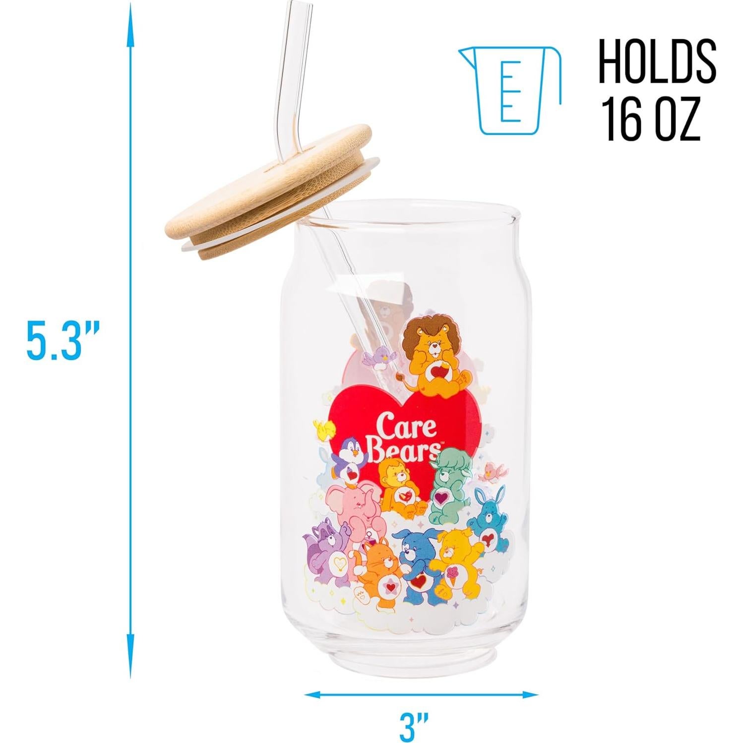 Vaso de Vidrio Silver Buffalo Care Bears 16oz con Tapa de Bambú
