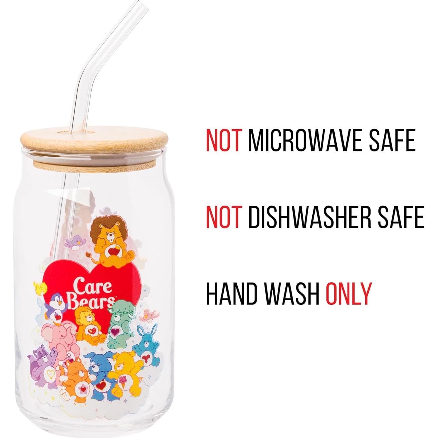 Vaso de Vidrio Silver Buffalo Care Bears 16oz con Tapa de Bambú