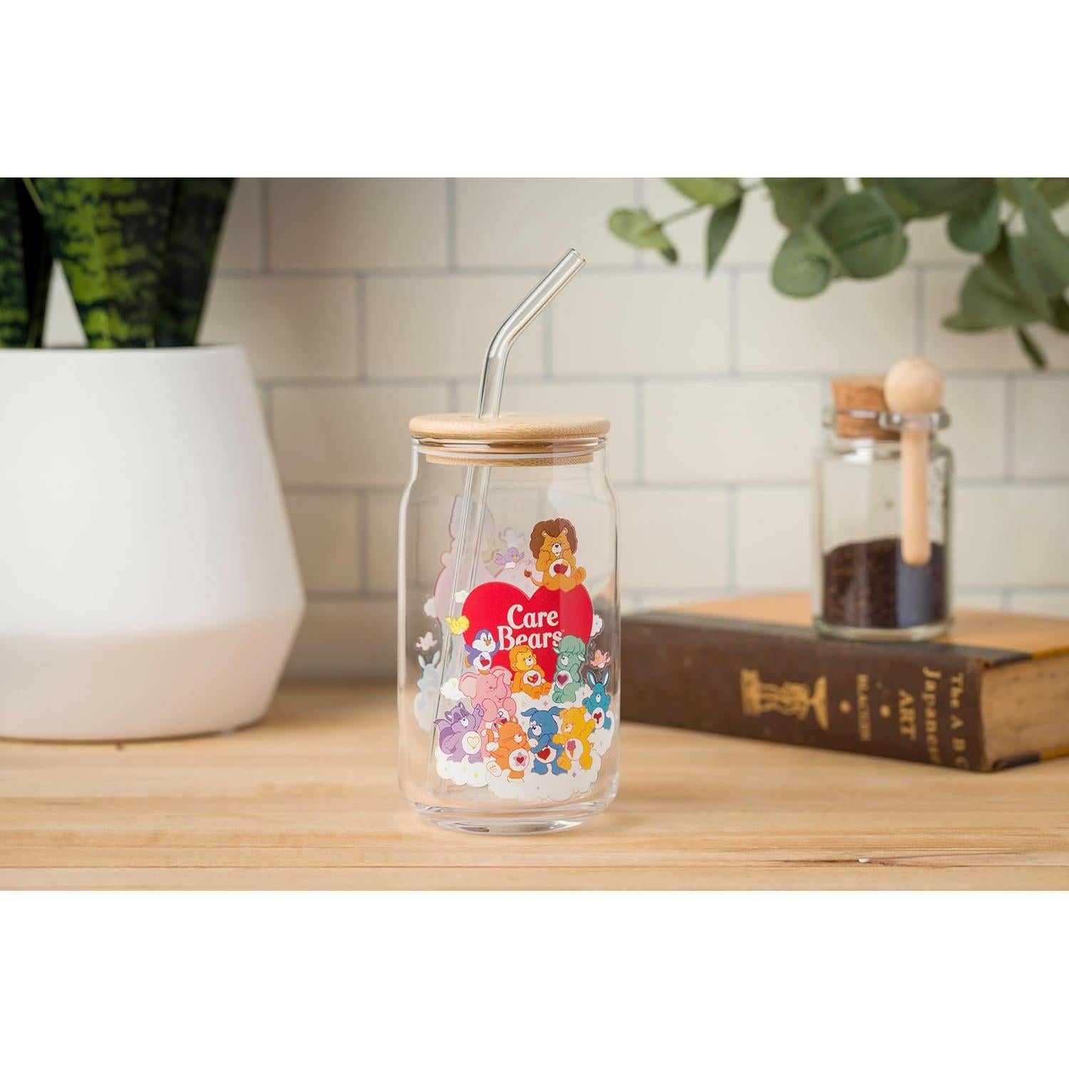 Vaso de Vidrio Silver Buffalo Care Bears 16oz con Tapa de Bambú
