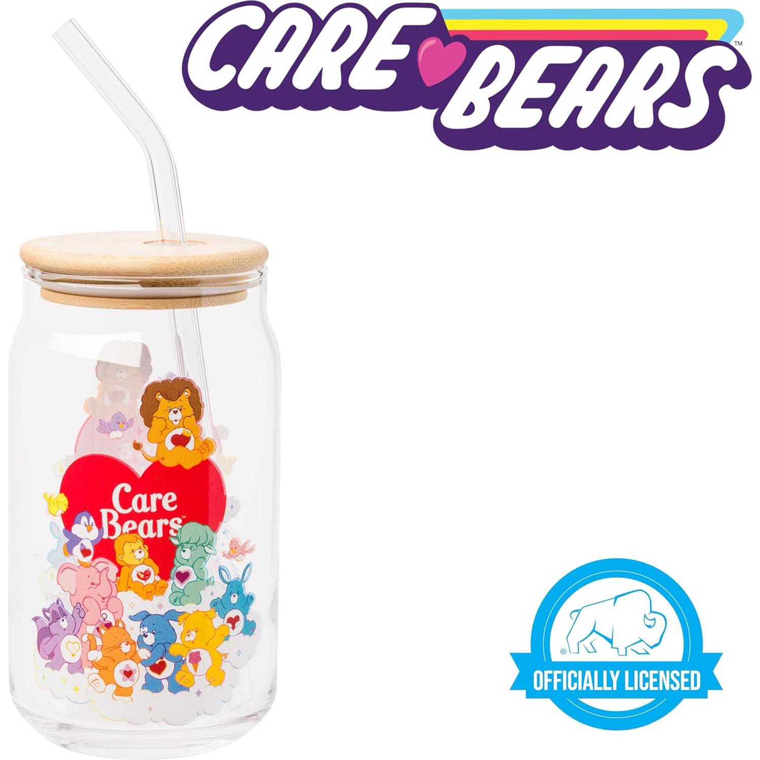 Vaso de Vidrio Silver Buffalo Care Bears 16oz con Tapa de Bambú