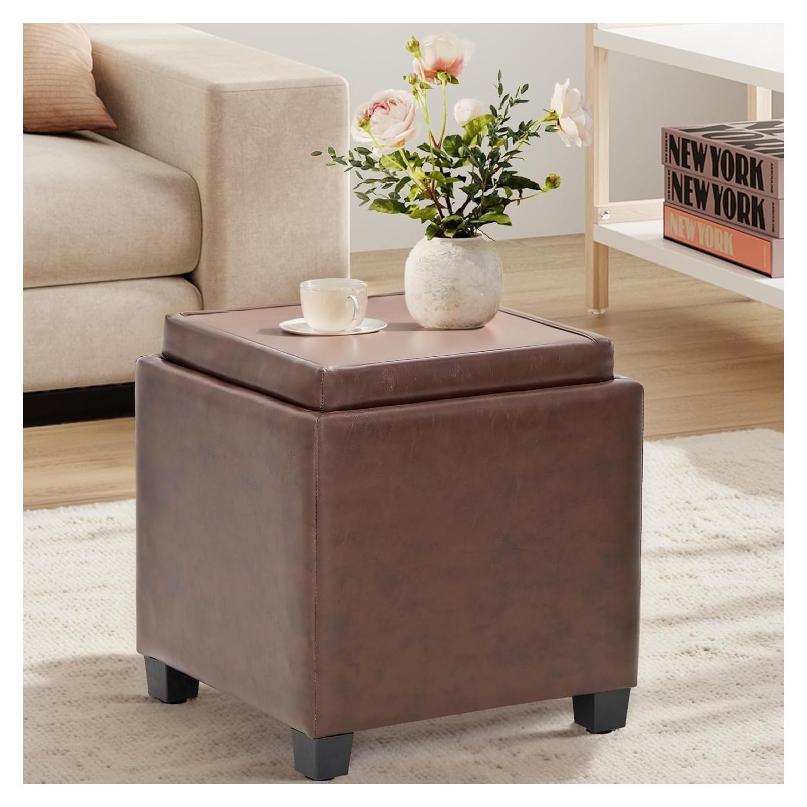 Otomana Cuadrada de Cuero COLAMY con Tapa Reversible - 46x46 cm