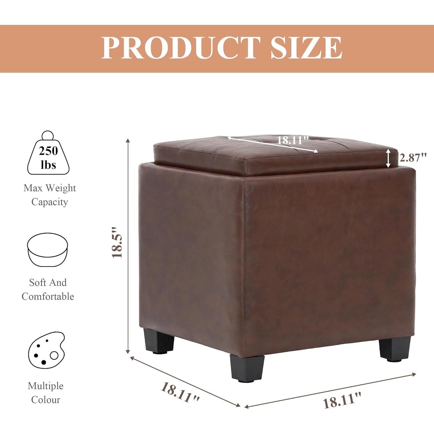 Otomana Cuadrada de Cuero COLAMY con Tapa Reversible - 46x46 cm