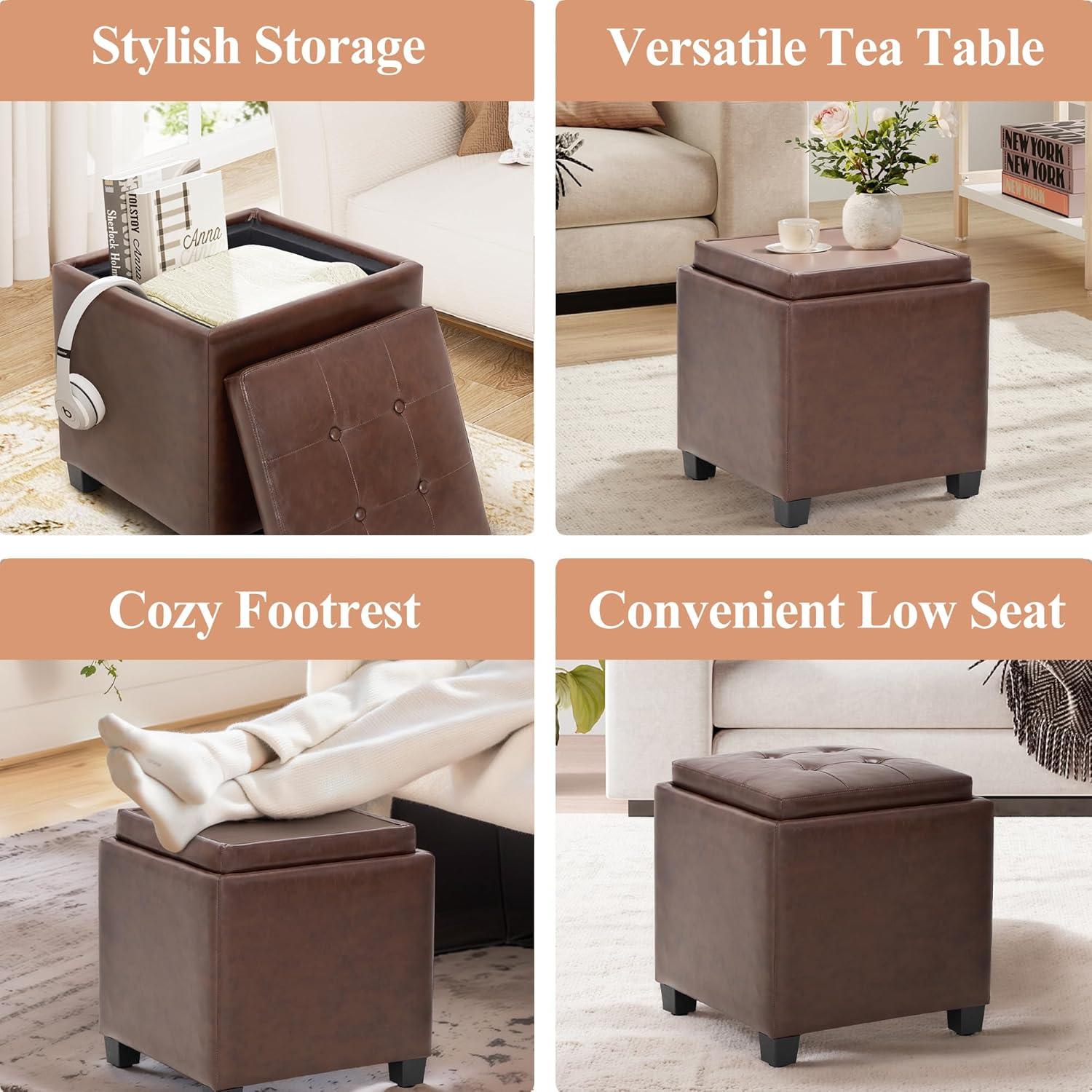 Otomana Cuadrada de Cuero COLAMY con Tapa Reversible - 46x46 cm