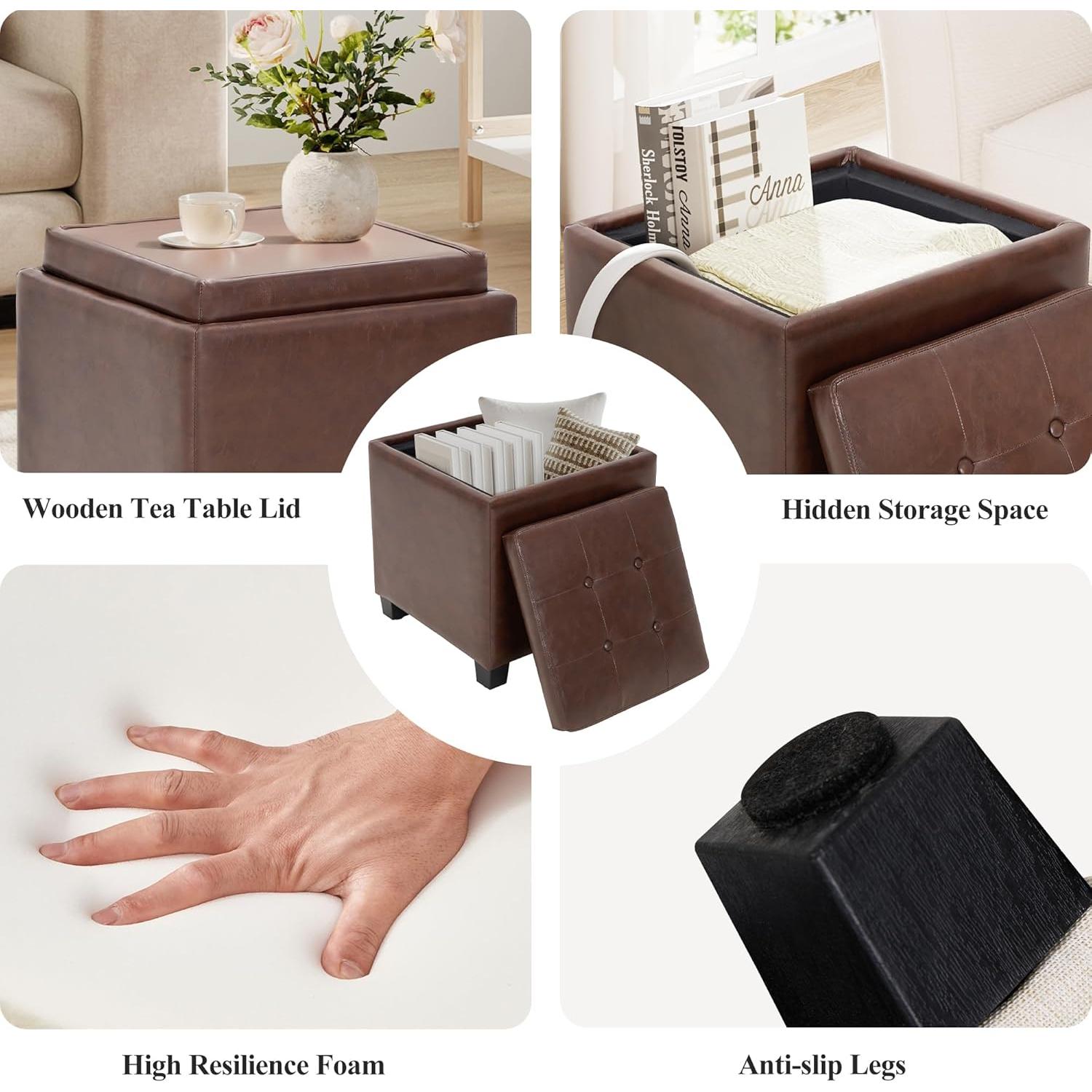 Otomana Cuadrada de Cuero COLAMY con Tapa Reversible - 46x46 cm