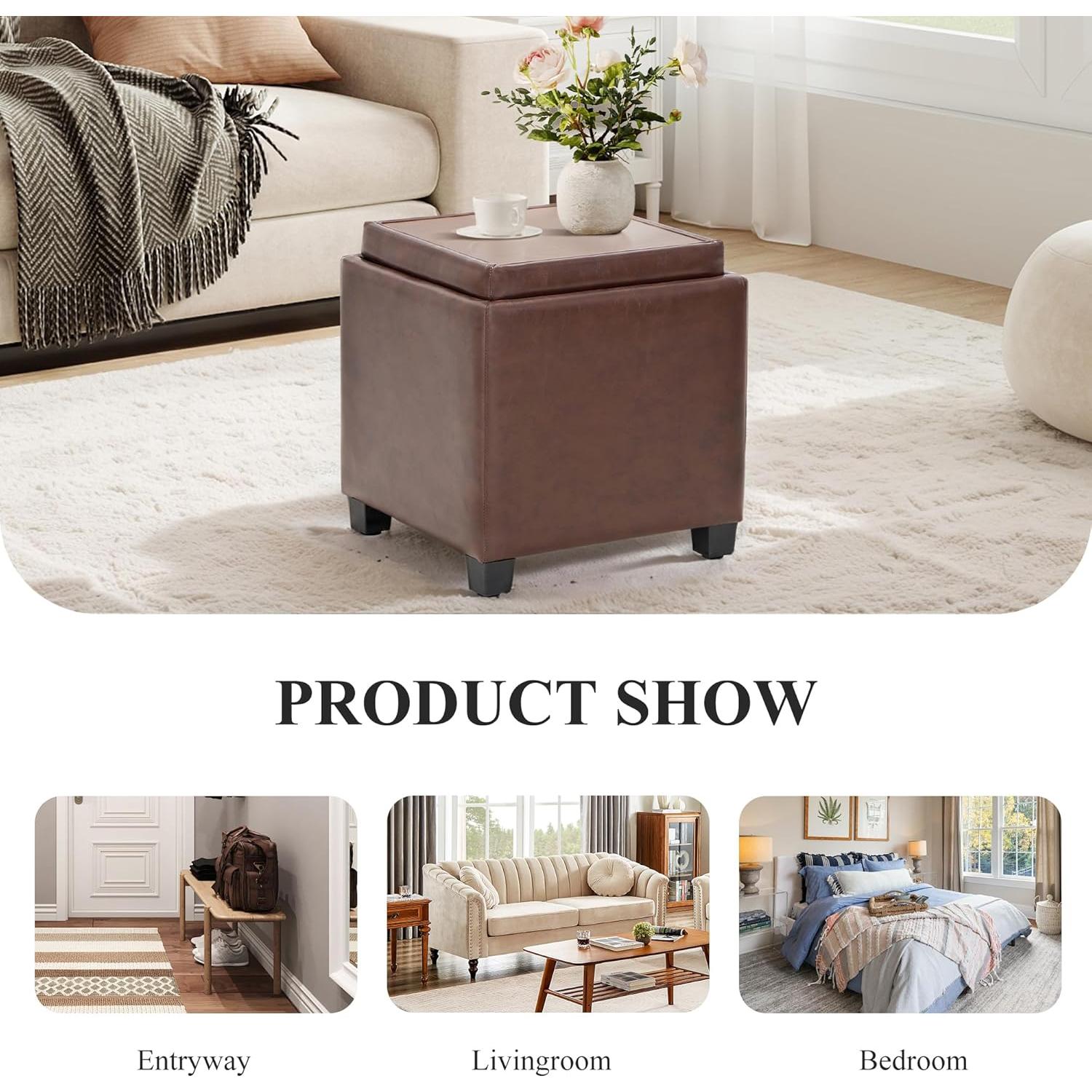 Otomana Cuadrada de Cuero COLAMY con Tapa Reversible - 46x46 cm