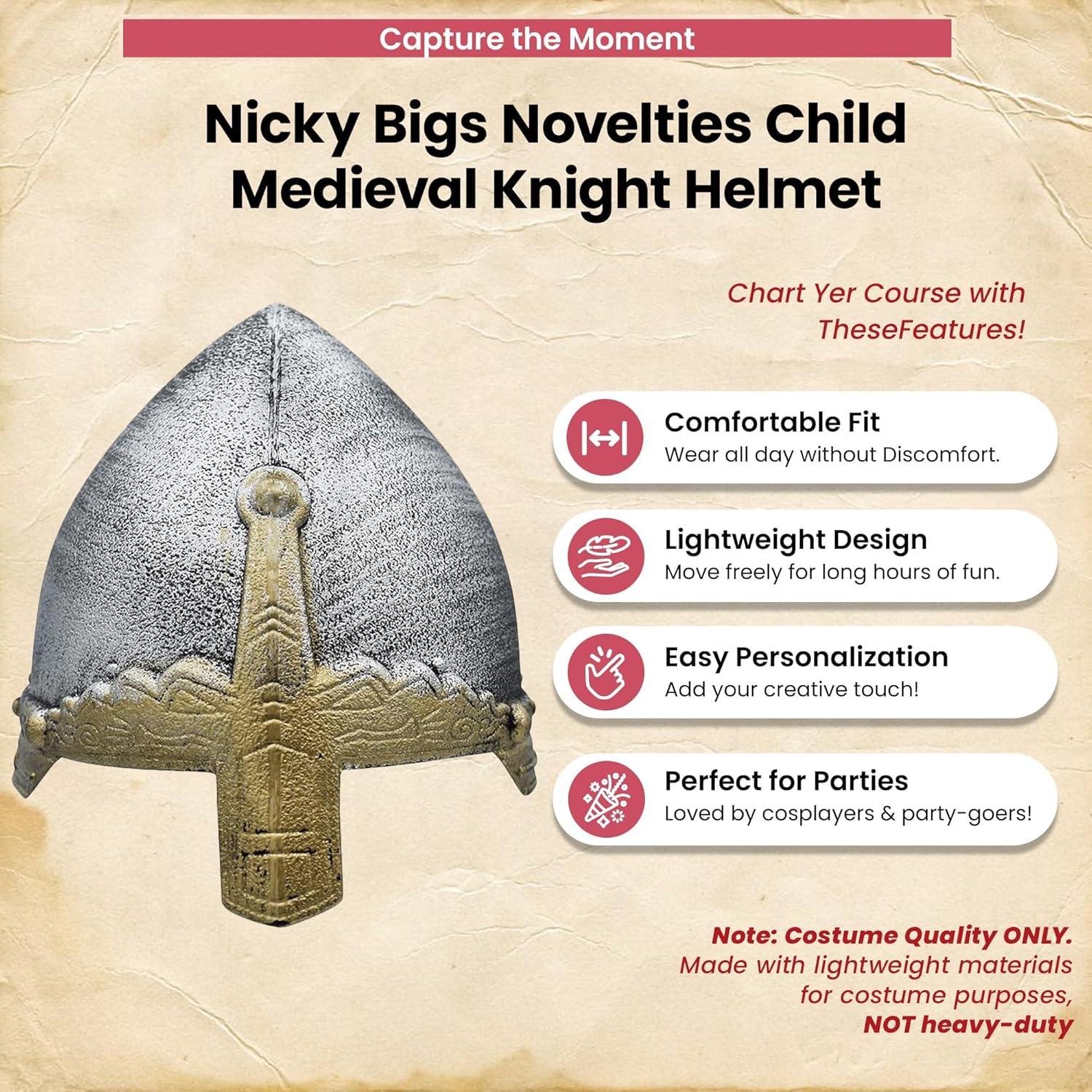 Casco Medieval para Niños Nicky Bigs - Cruzado Plateado 56 cm