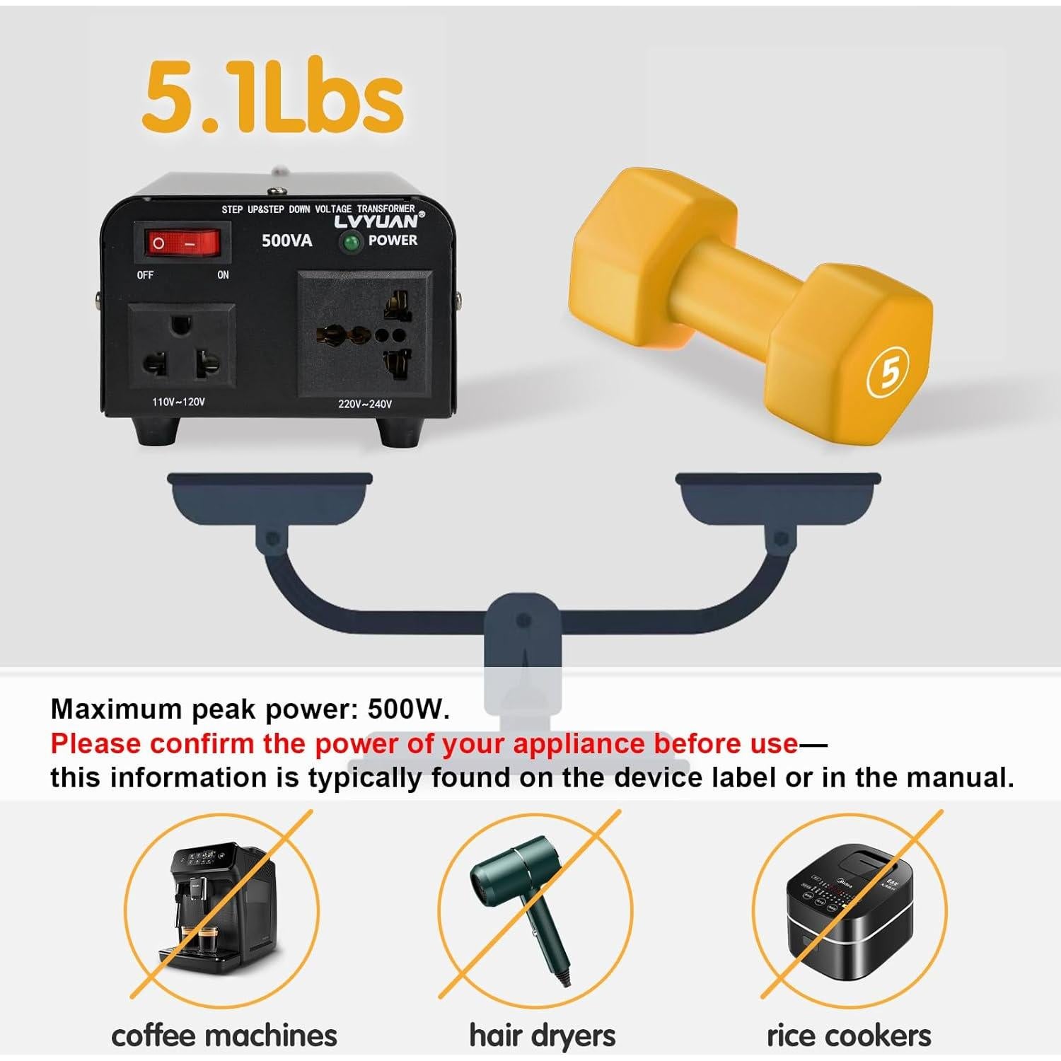 Transformador de Voltaje Yinleader 500W 110V a 220V/220V a 110V