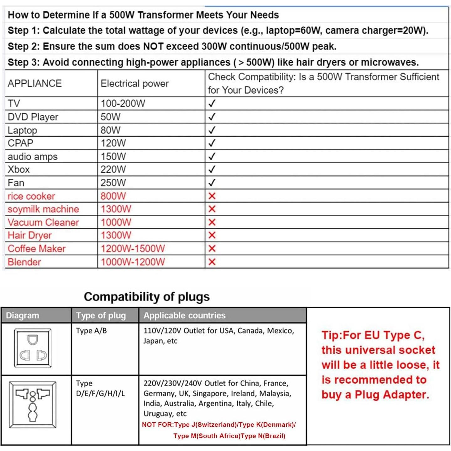 Transformador de Voltaje Yinleader 500W 110V a 220V/220V a 110V