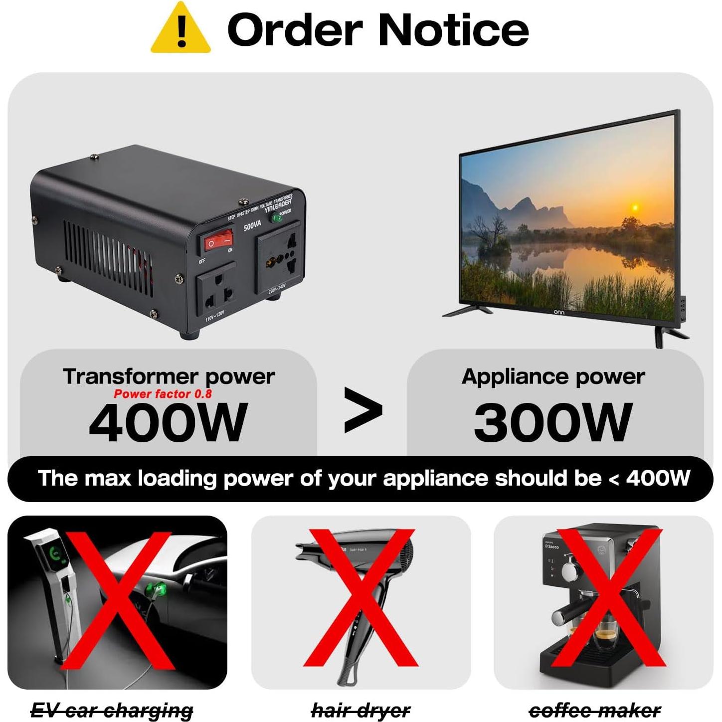 Transformador de Voltaje Yinleader 500W 110V a 220V/220V a 110V