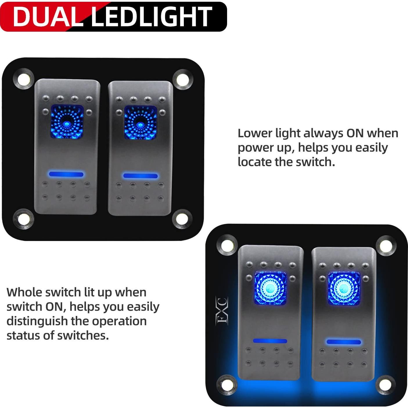 Panel de Aluminio 2 Gang FXC Rocker Interruptores Azul 12V/24V