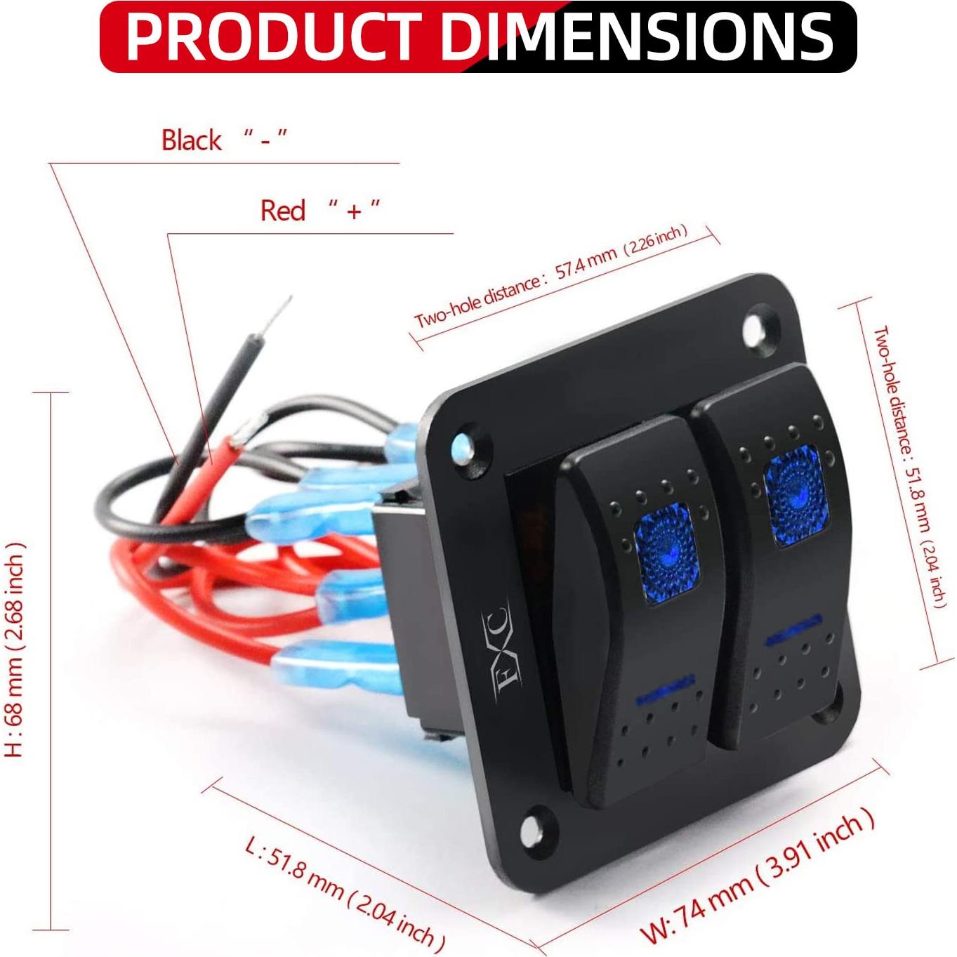 Panel de Aluminio 2 Gang FXC Rocker Interruptores Azul 12V/24V