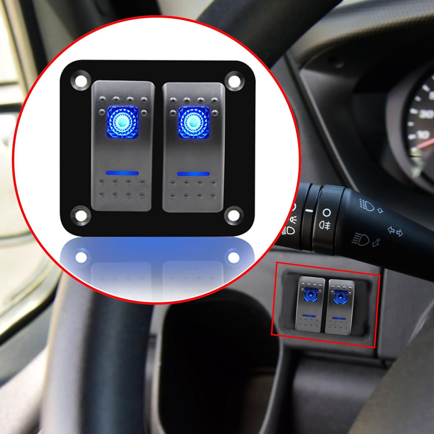 Panel de Aluminio 2 Gang FXC Rocker Interruptores Azul 12V/24V