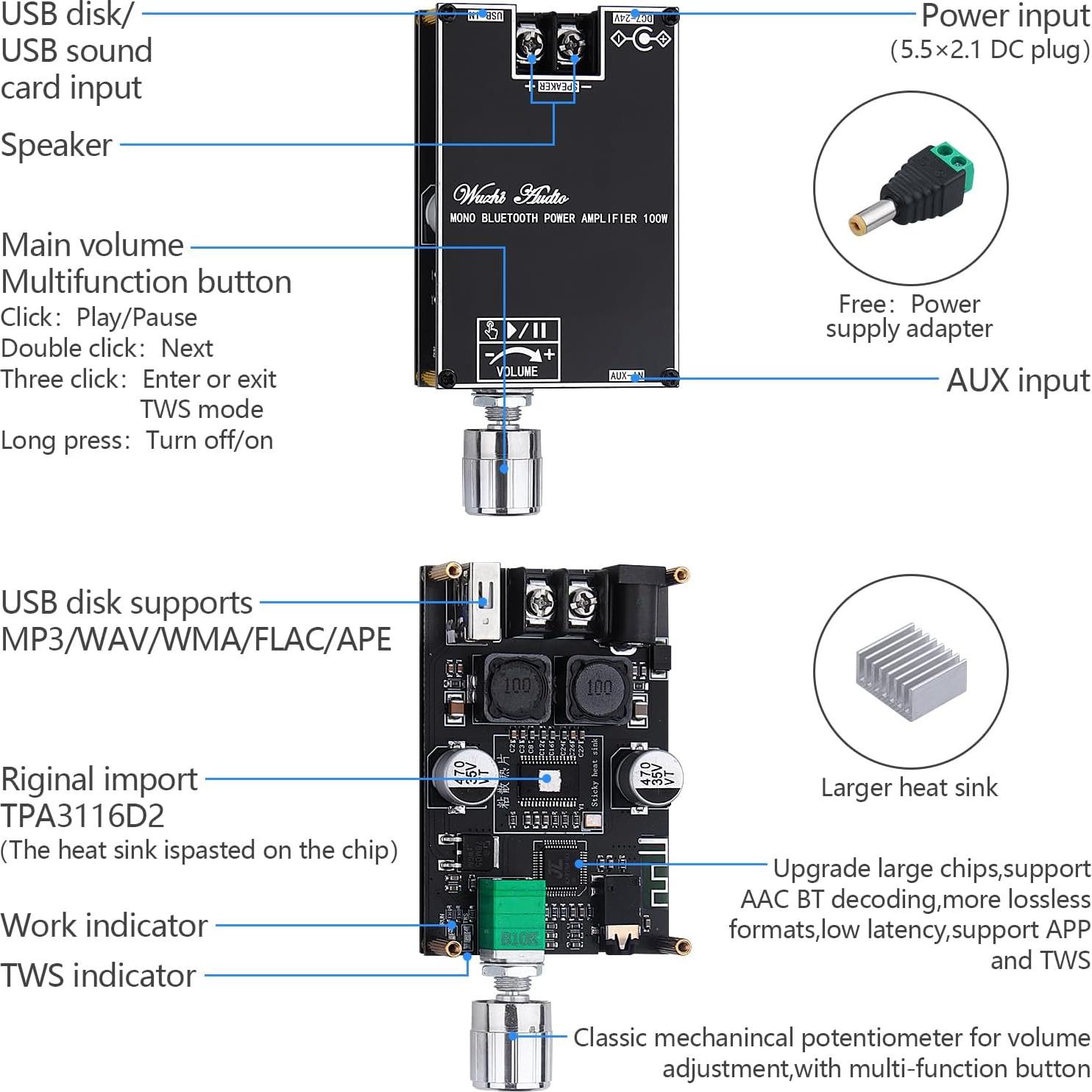 Placa Amplificadora Bluetooth ARRAROWN ZK-1001B 100W Mono