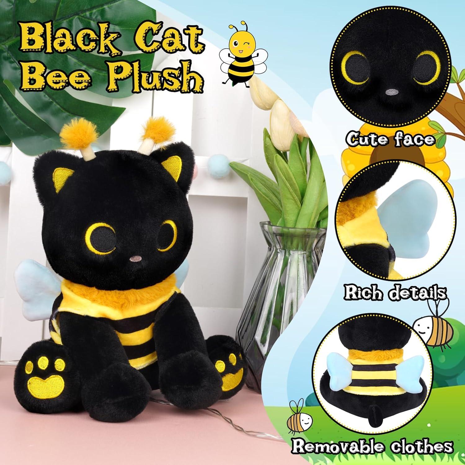 Peluche Gato Negro Kawaii 20cm con Disfraz de Abeja - Hagusahuo