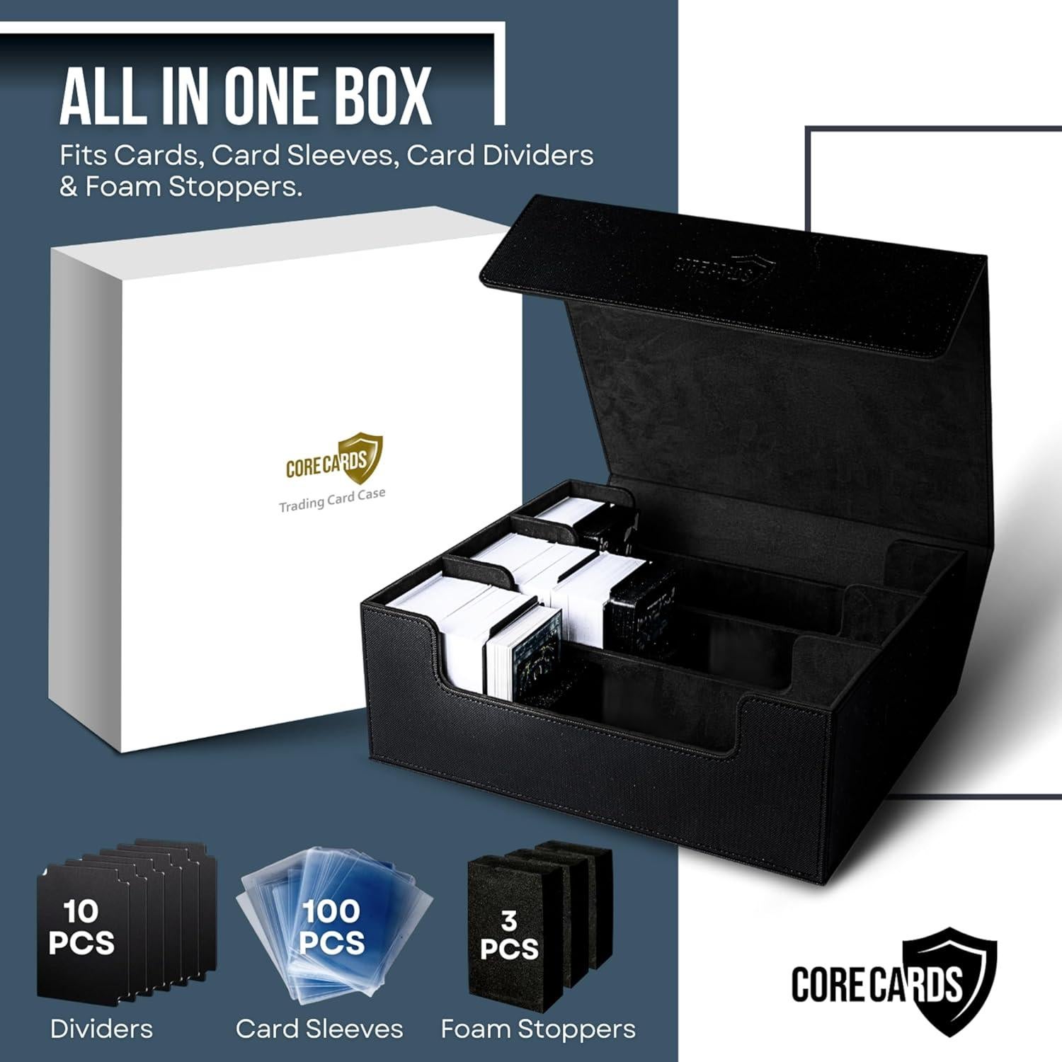 Caja de Almacenamiento para Cartas Core Cards - 1800+ Cartas, Cierre Magnético, 10 Divisores, 100 Fundas