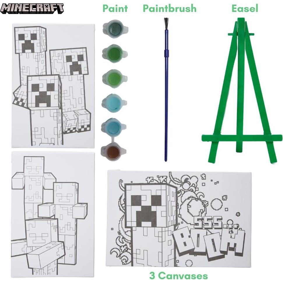Juego de Pintura Acrílica Minecraft para Niños - 3 Lienzos, Caballete y Pincel