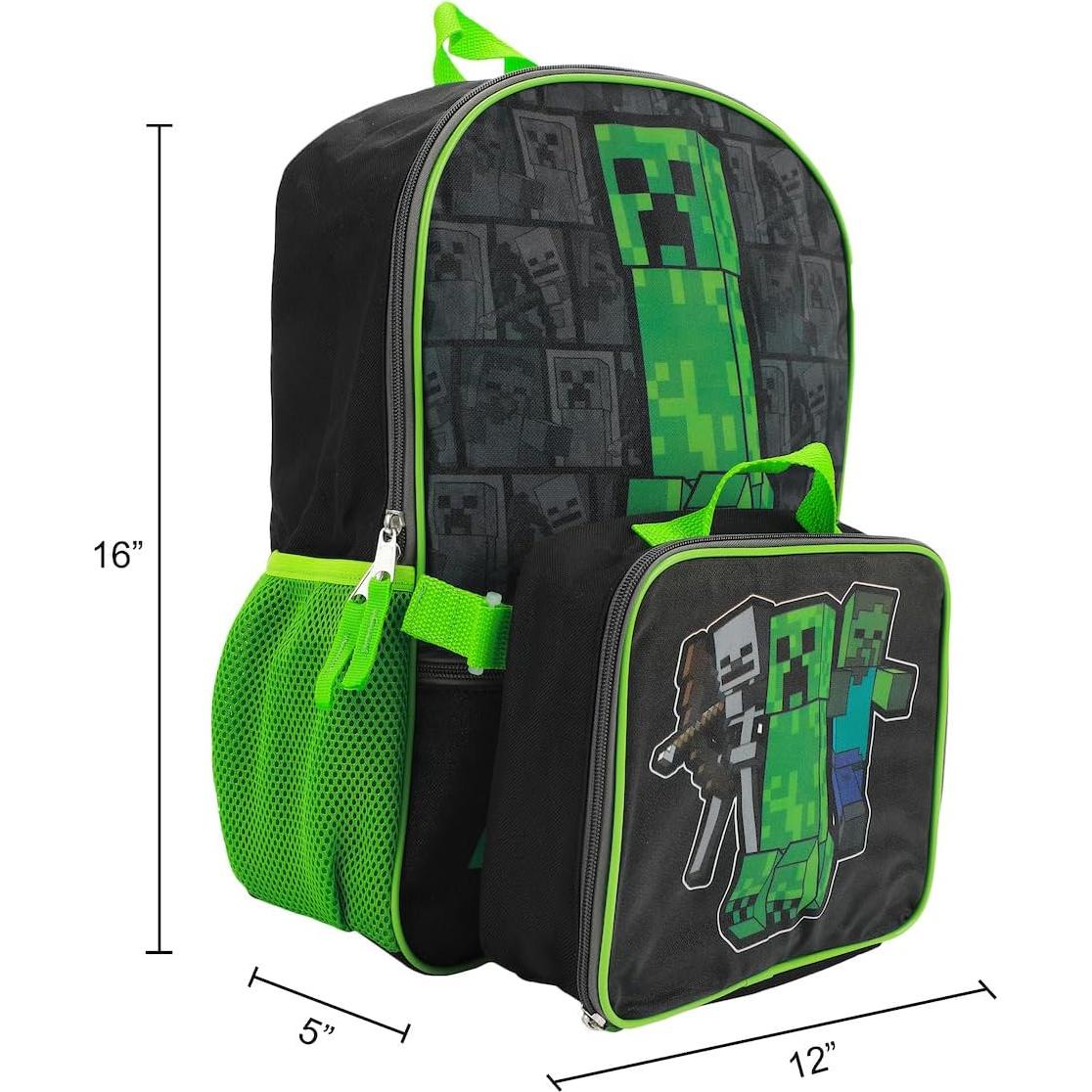 Mochila y caja de almuerzo Minecraft para niños - Verde y negro