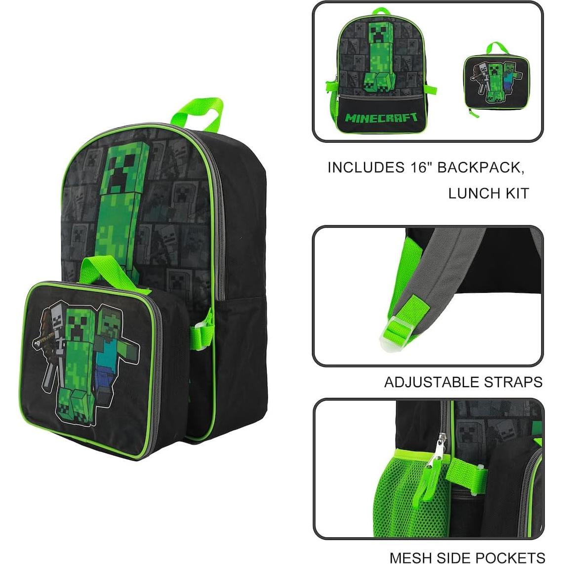 Mochila y caja de almuerzo Minecraft para niños - Verde y negro