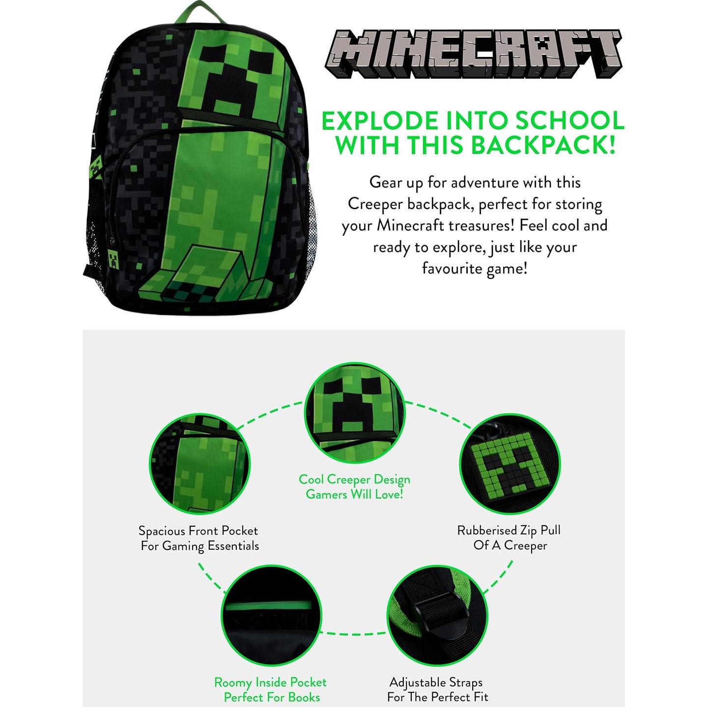 Mochila escolar Minecraft Creeper para niños 21.6L negra