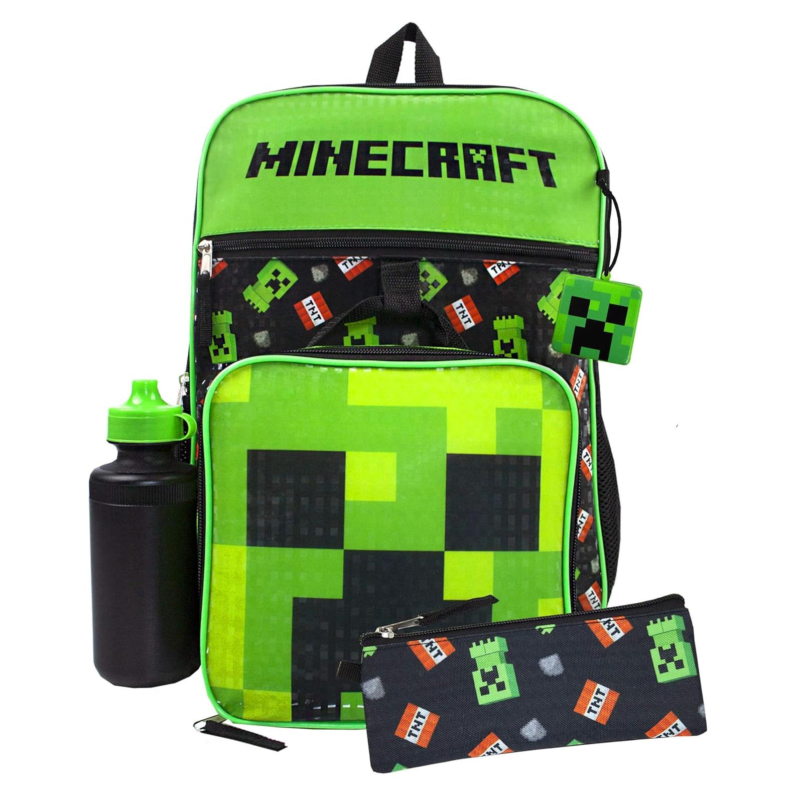 Conjunto Mochila Escolar Minecraft Creeper 5 Piezas Niños