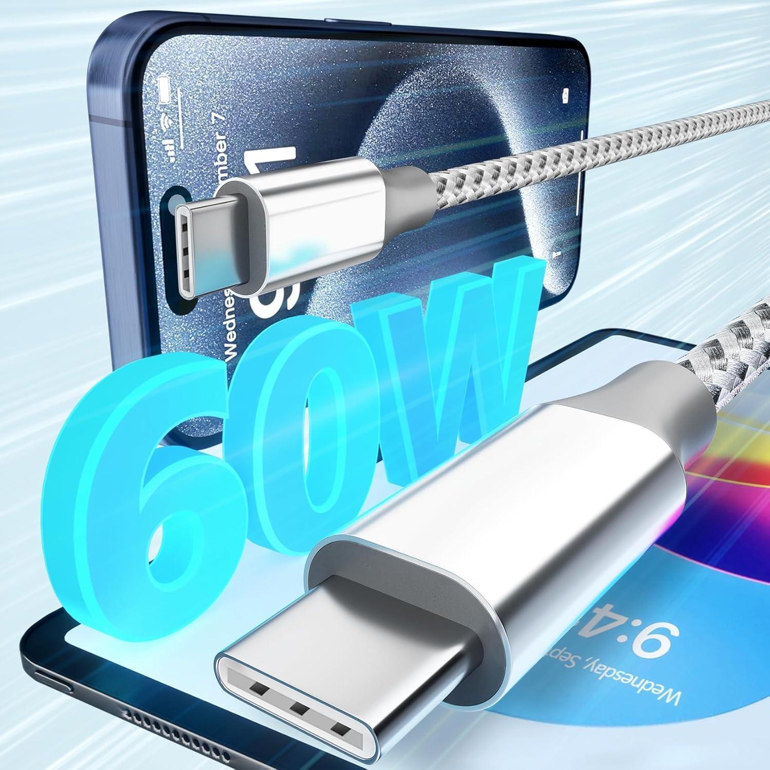 Cable USB C KYEHD 3M 60W Carga Rápida Paquete de 3 Gris