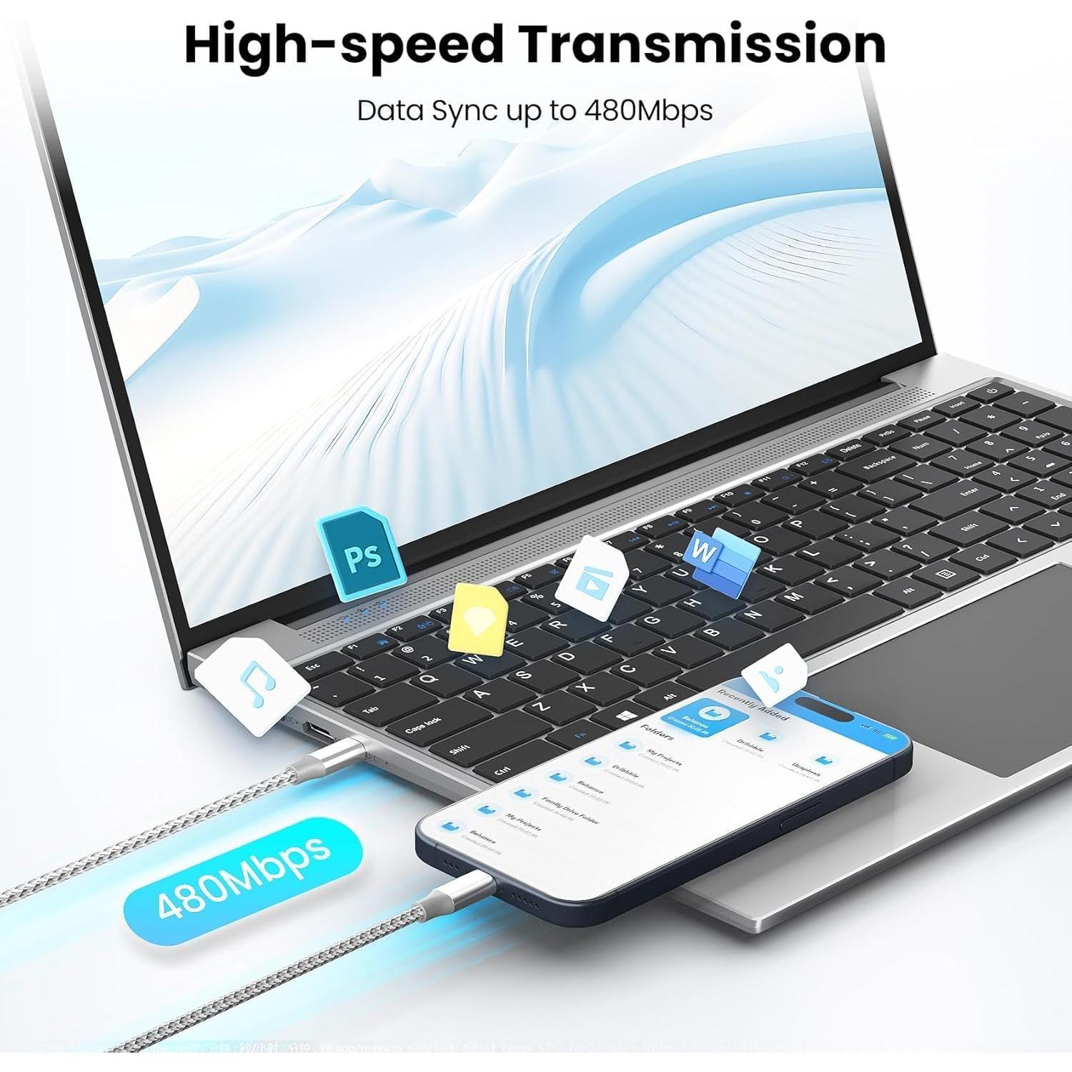 Cable USB C KYEHD 3M 60W Carga Rápida Paquete de 3 Gris