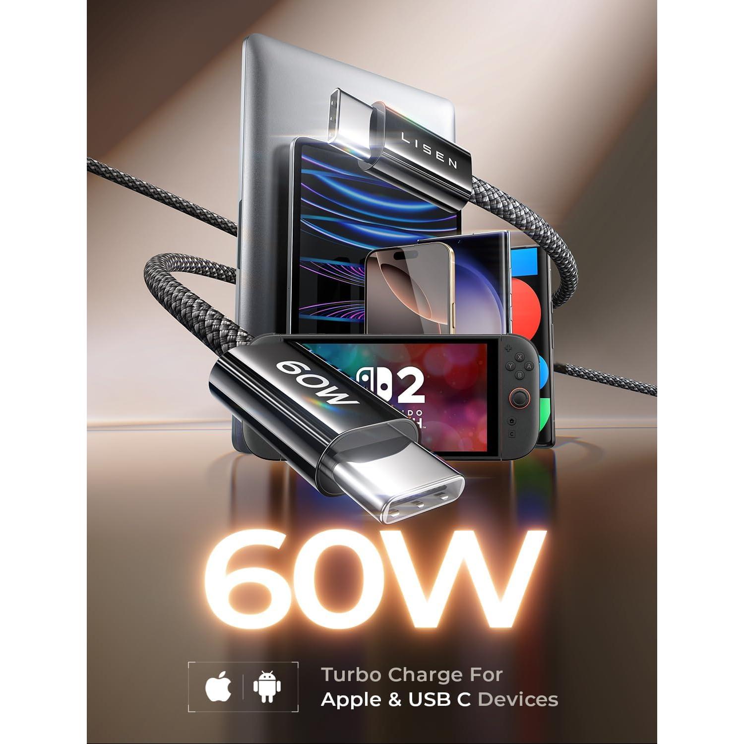 Cable USB C LISEN 60W Carga Rápida Paquete de 5 (1-3m)