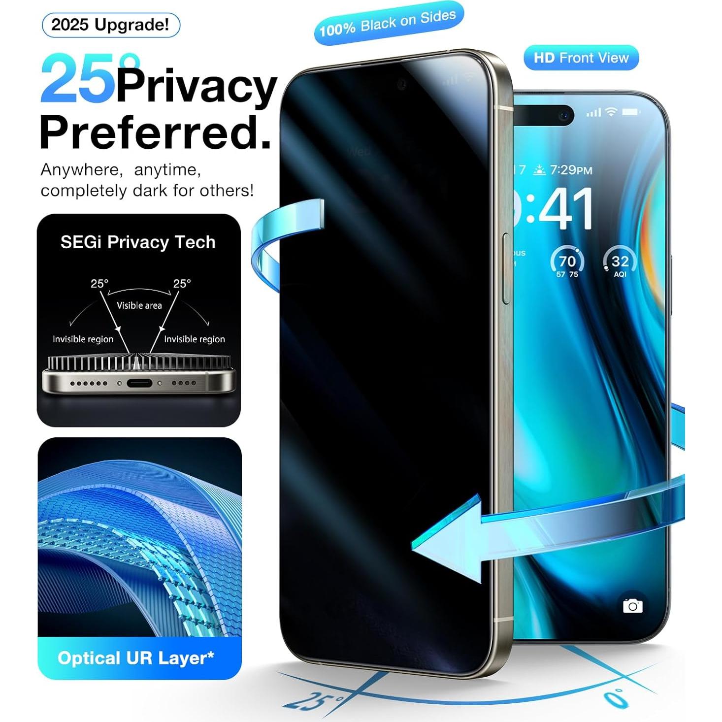 Protector de Pantalla UltraGlass 9H+ Privado para iPhone 16 Pro - Paquete de 2