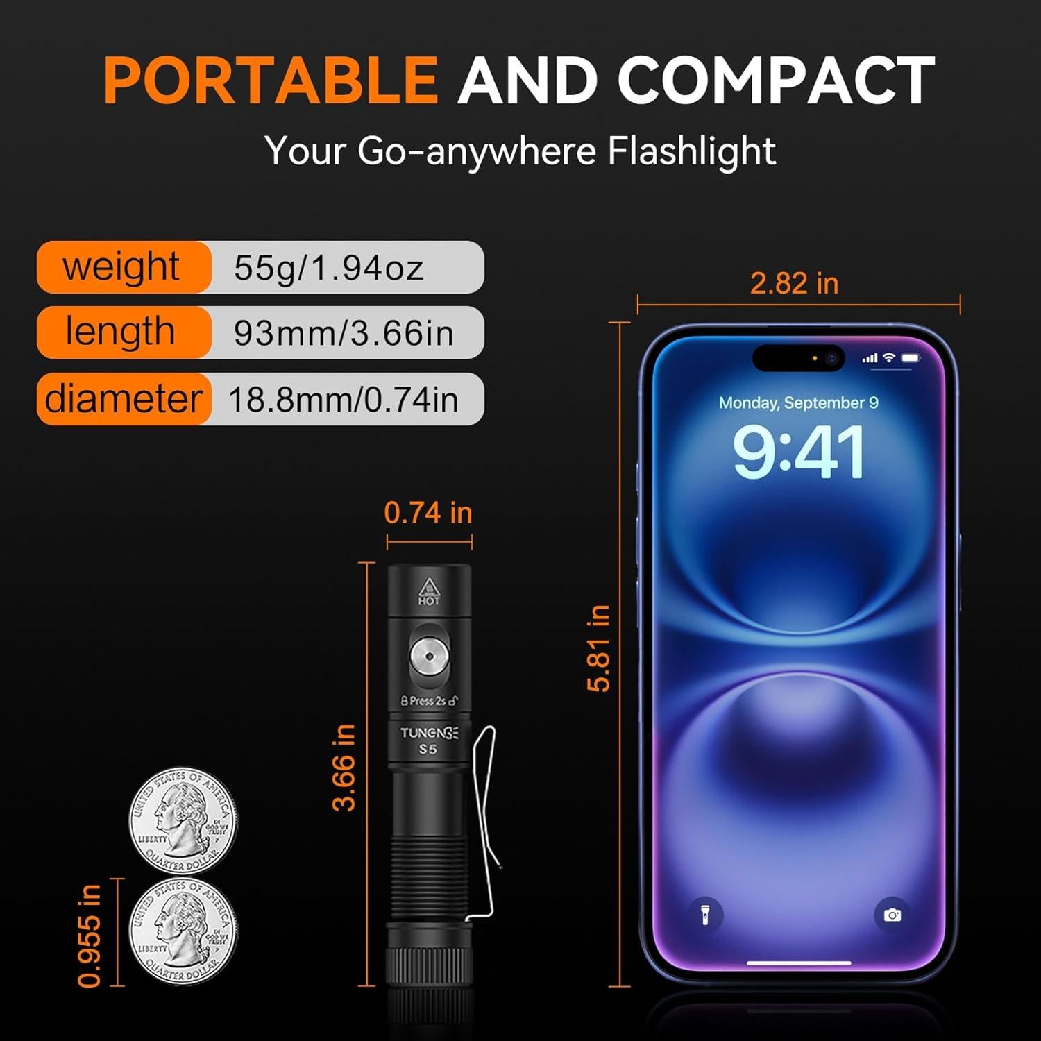 Linterna Recargable TUNENGE S5 1400 Lúmenes LED Compacta