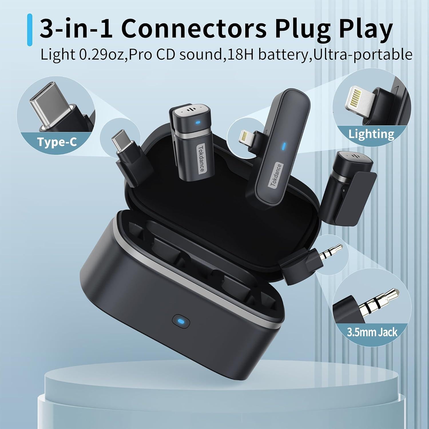 Micrófono Lavalier Inalámbrico Tokdance TDS9 3-en-1 con Adaptadores