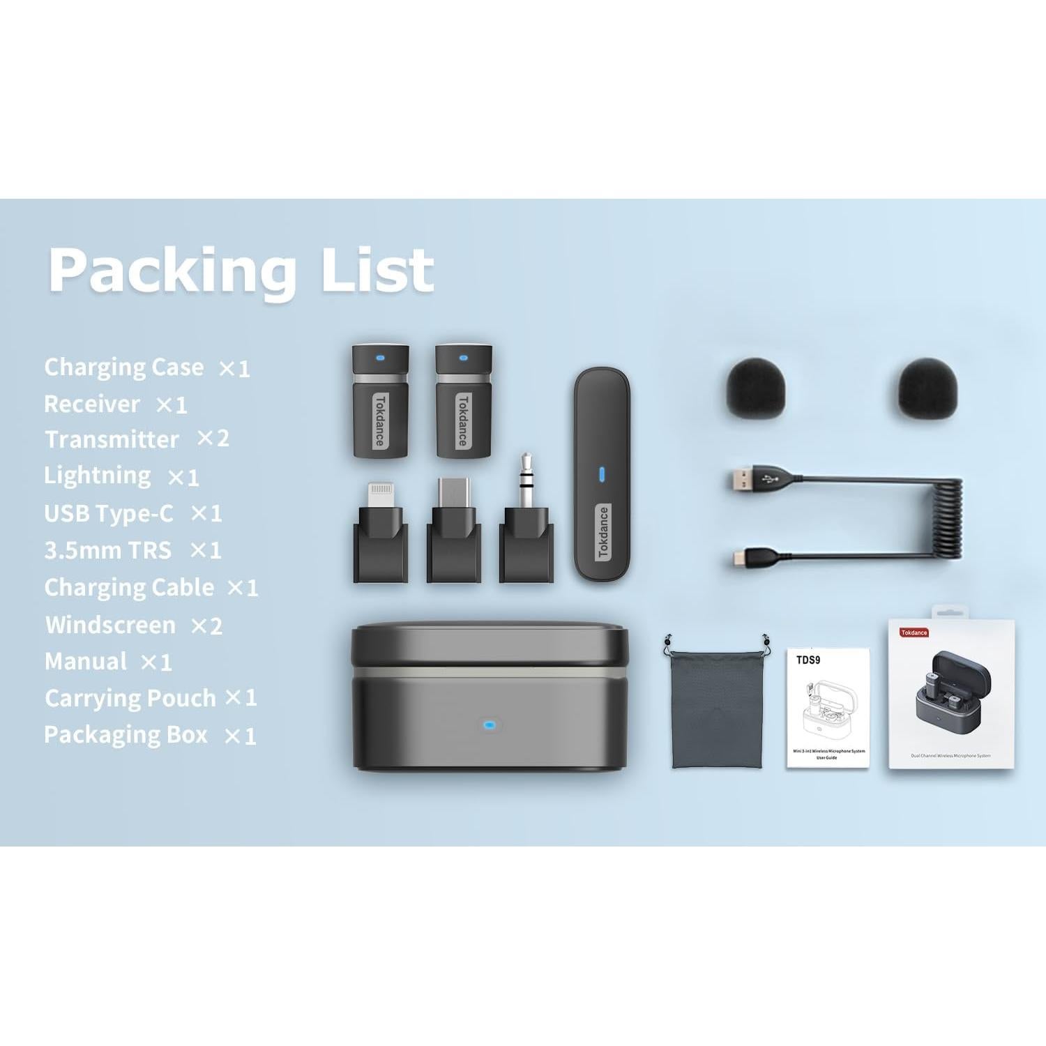 Micrófono Lavalier Inalámbrico Tokdance TDS9 3-en-1 con Adaptadores