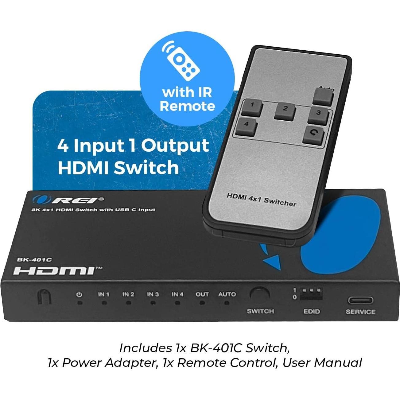 Interruptor HDMI 4x1 OREI BK-401C 8K 60Hz USB-C 48Gbps