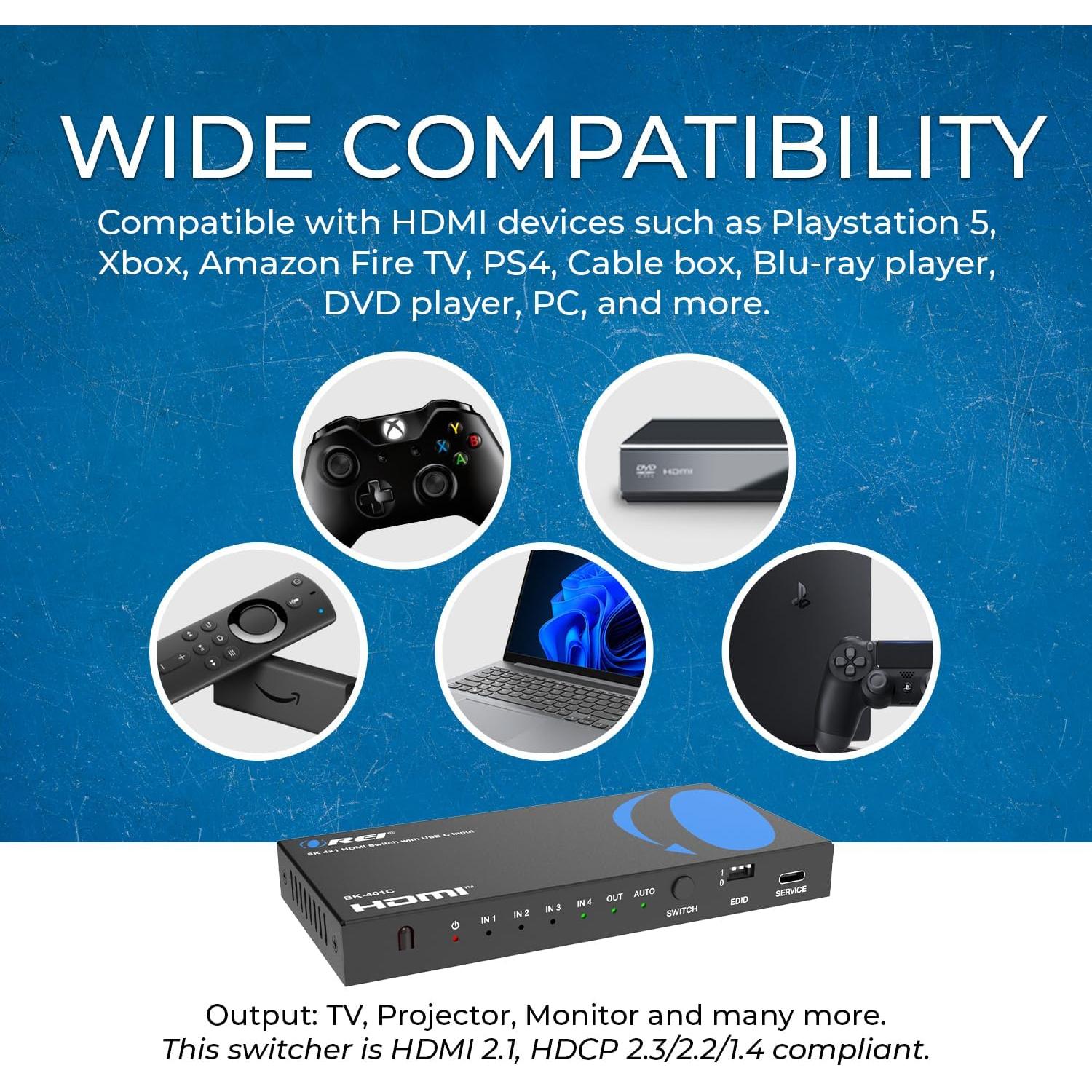 Interruptor HDMI 4x1 OREI BK-401C 8K 60Hz USB-C 48Gbps