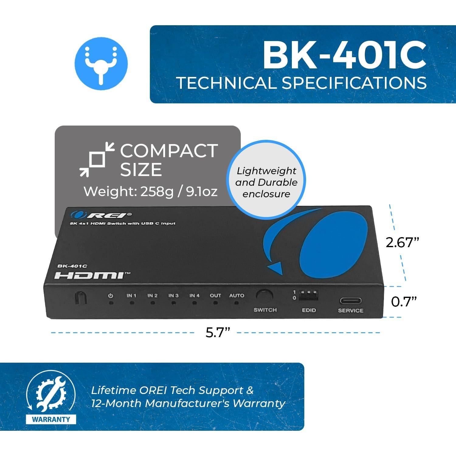 Interruptor HDMI 4x1 OREI BK-401C 8K 60Hz USB-C 48Gbps