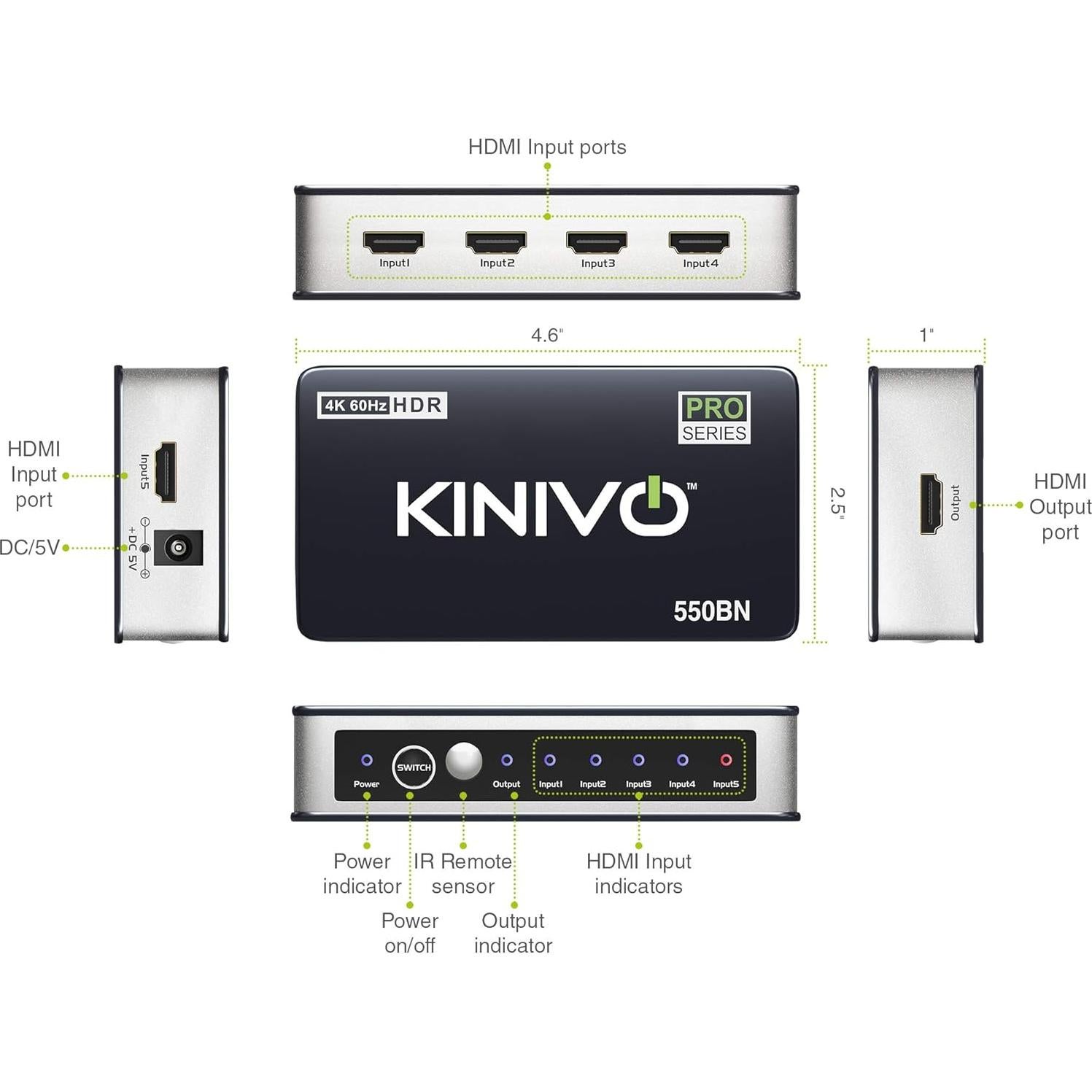 Switch HDMI Kinivo 550BN 4K 60Hz 5 en 1 con control remoto